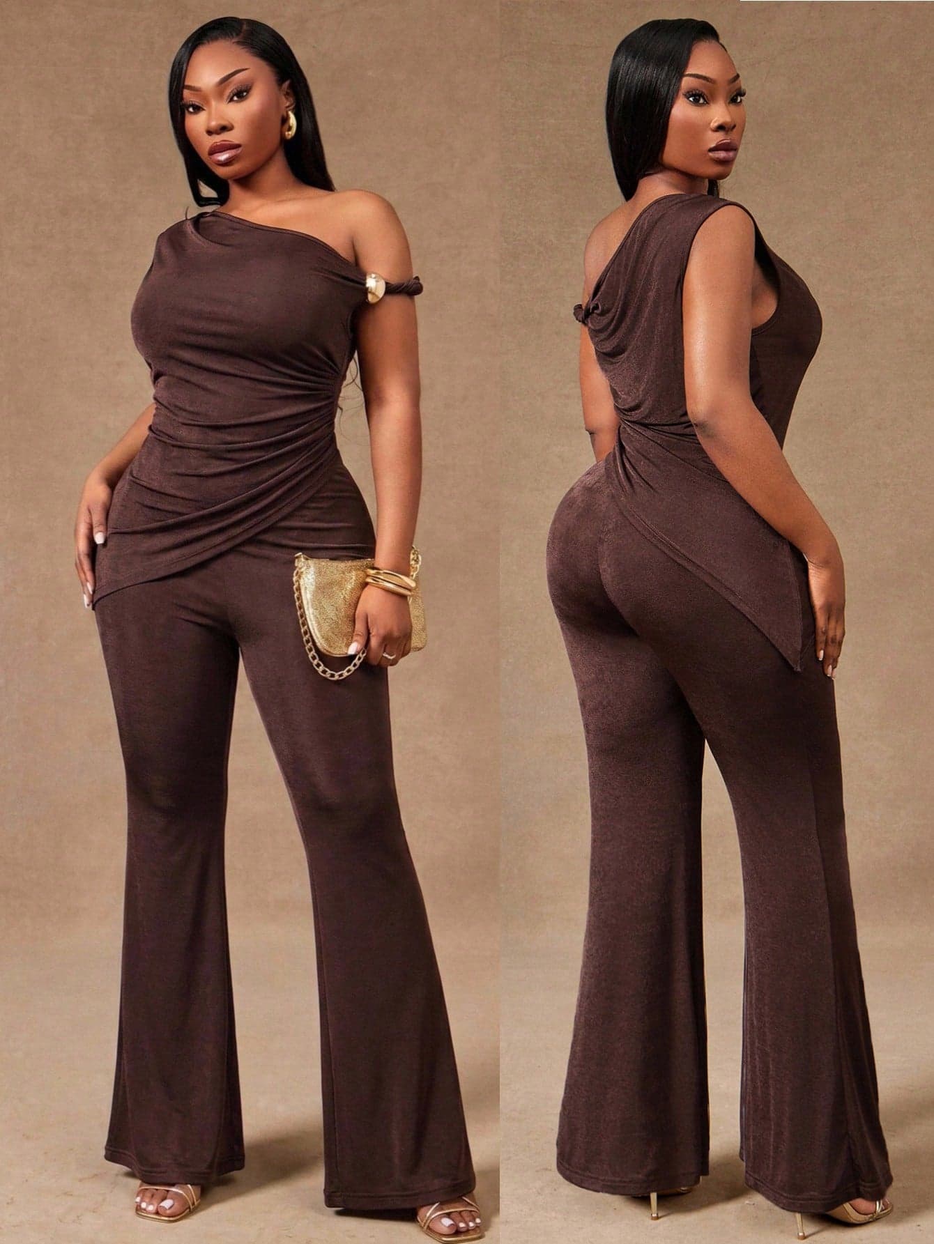 Radiana Plus Size Women's Spring&Summer Two Pieces Outfits,Chocolate Brown,Autumn,Elegant,Night Out Club Daily Wear Party Flair Quiet Luxury Fashionable Set