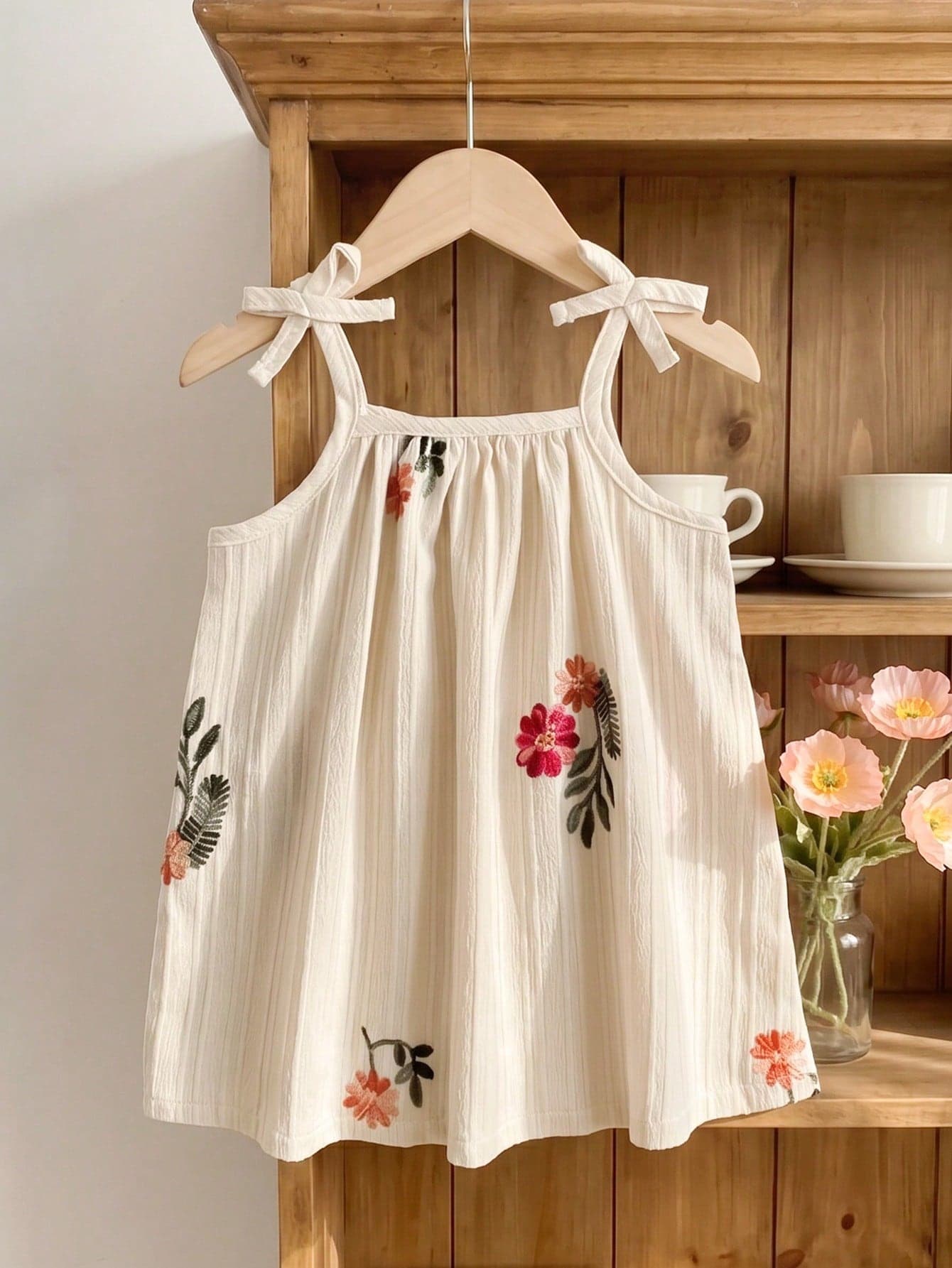 SHEIN Vintaside Kids Infant Girl Summer Colorful Floral Woven Strap Patchwork Striped A-Line Vacation Dress, Suitable For Daily Casual And Vacation Occasions