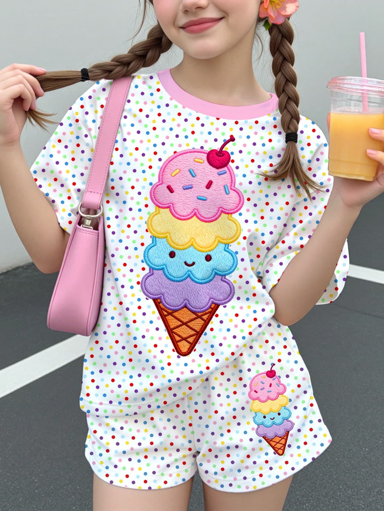 Young Girl Casual Simple Cute Summer Ice Cream Pattern, Colorful Polka Dot Print, Sweet Cream Style, Vacation Style, Short Sleeve Shorts Two Pieces Set Suitable For Summer Graphic, Cozy, Girls Outfit Sets, Y2k, Kawaii,