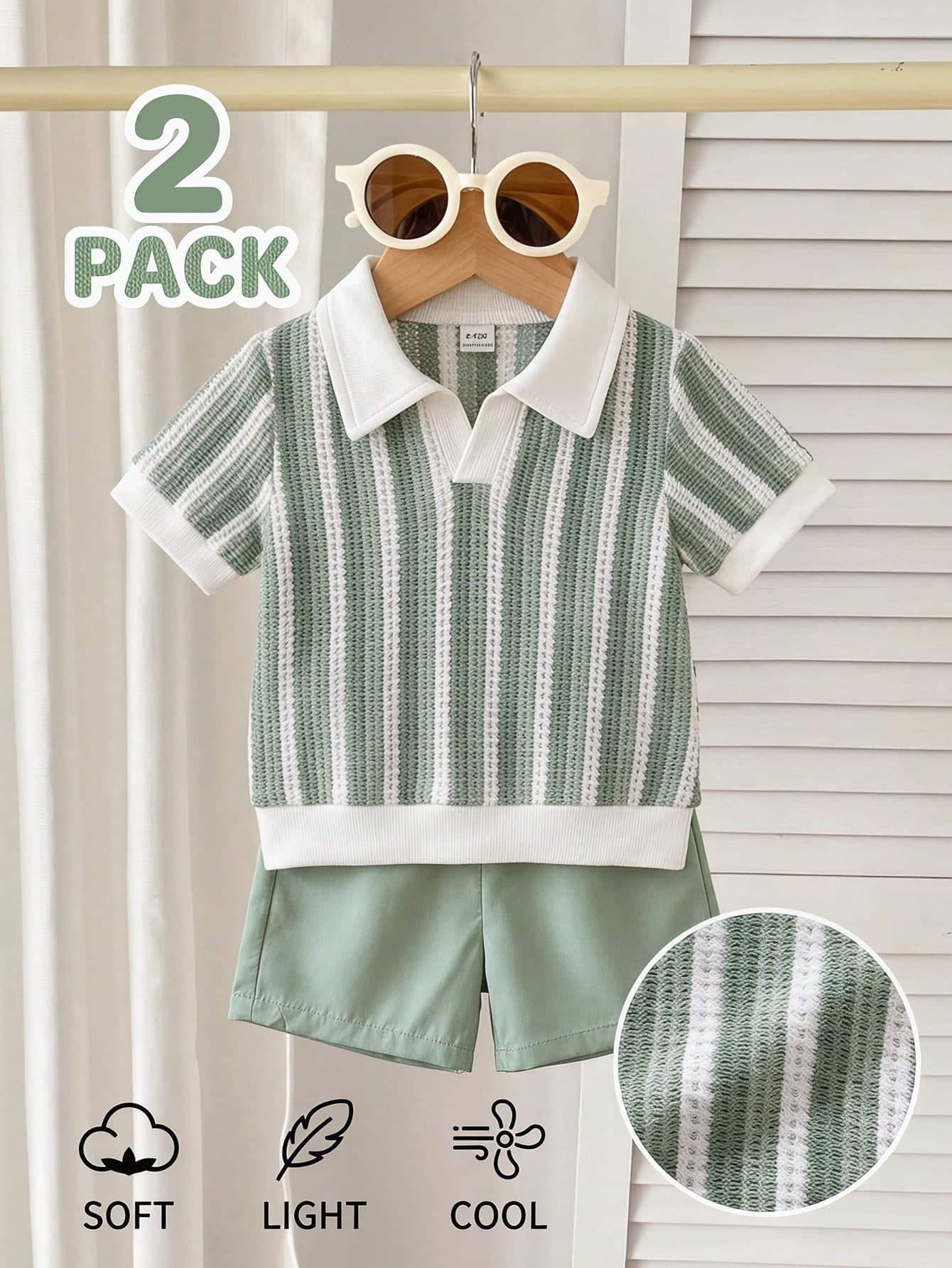 Vintaside Kids 2pcs Baby Boys Toddler Boys Casual Green White Striped Knit Look Short Sleeve Soft Polo Shirt Tops And Shorts Set Outfit Daily Beach Spring Summer
