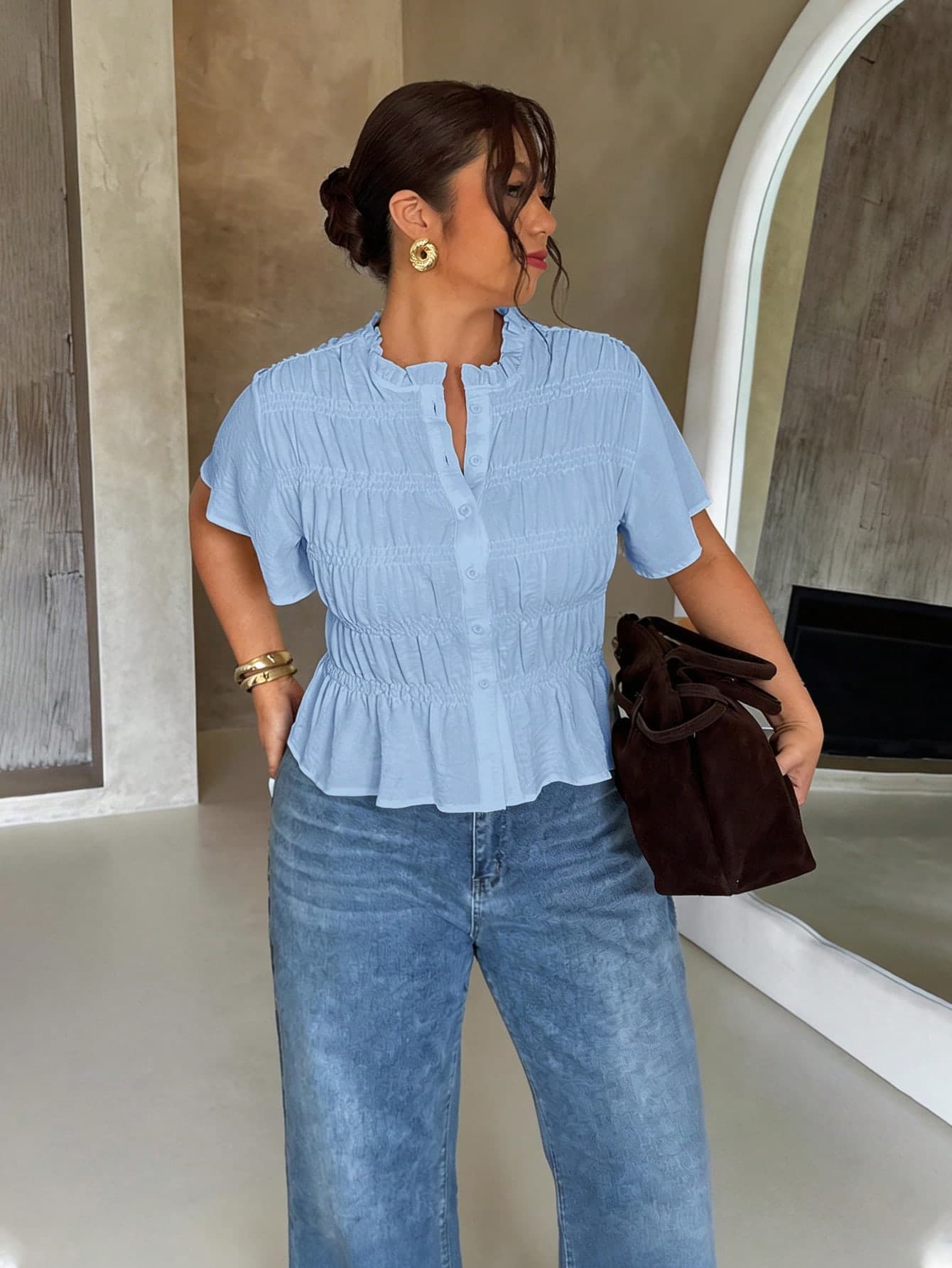 Firerie Plus Size Women's Solid Color Pleated Single-Breasted Short Sleeve Shirt Office Brunch Sky Blue Summer Elegant