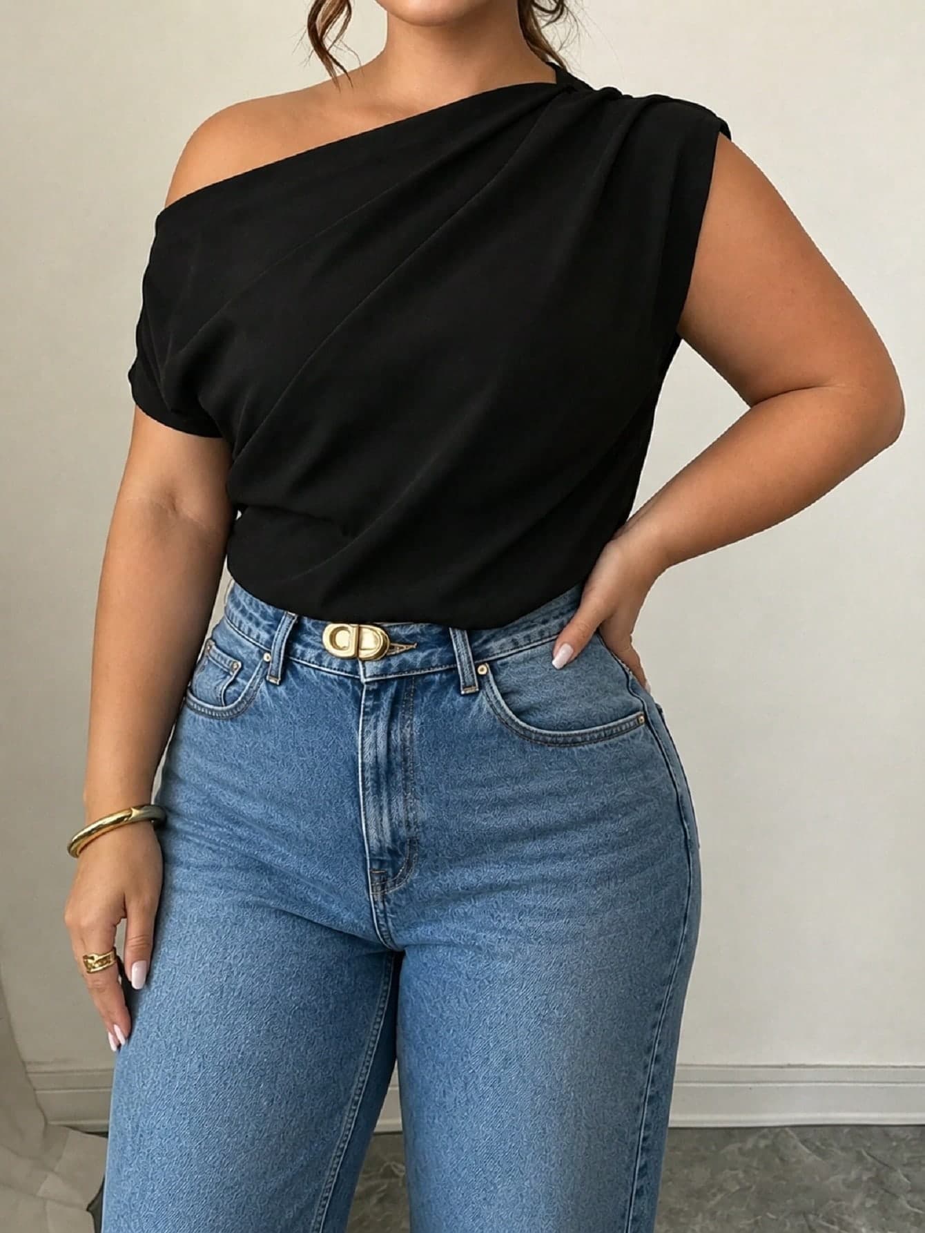 SHEIN CURVE+ Plus Size Women's Solid Color Asymmetric Neck Pleated Casual Shirt