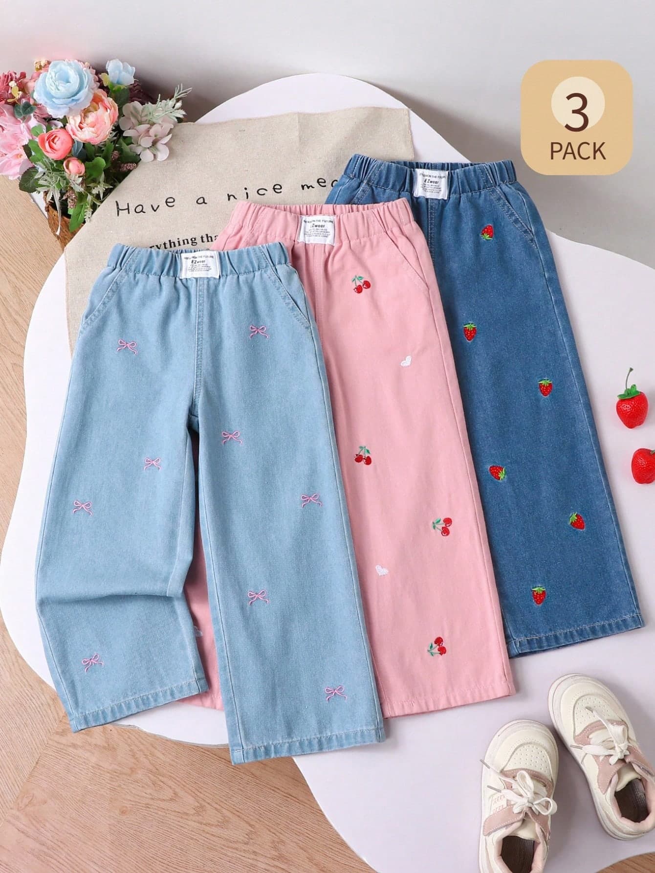 Genkimix Kids 3pcs Young Girls' Denim Wide Leg Pants Set, Summer New Arrival, Cute Retro Style, Blue, Cherry, Strawberry, Bow Embroidery Patterns, Elastic Waist