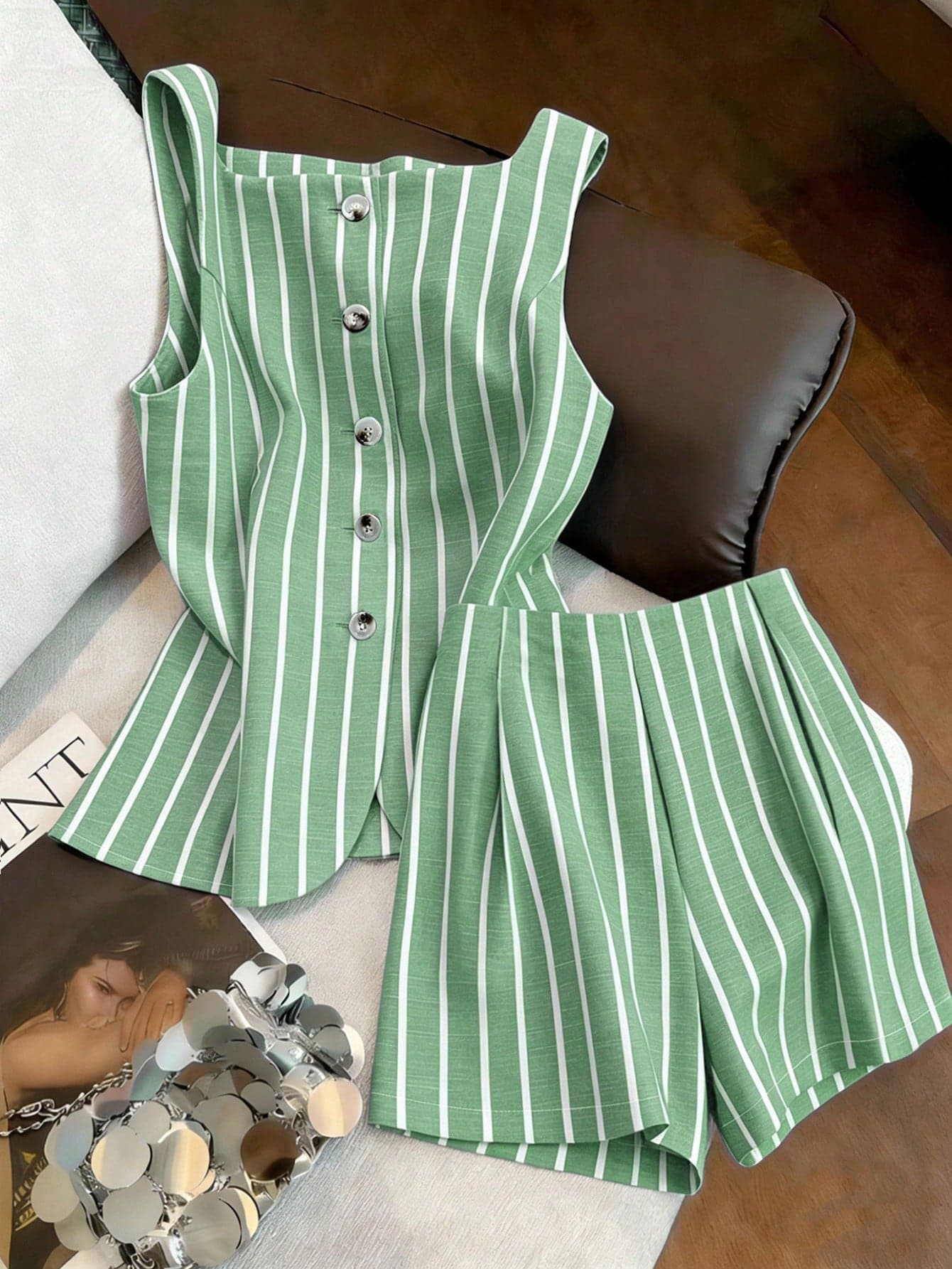 GlowEve CURVE Plus Size Women's Striped Shirt Front Open Sleeveless Shorts Two Pieces Set Spring Summer Women's Clothing