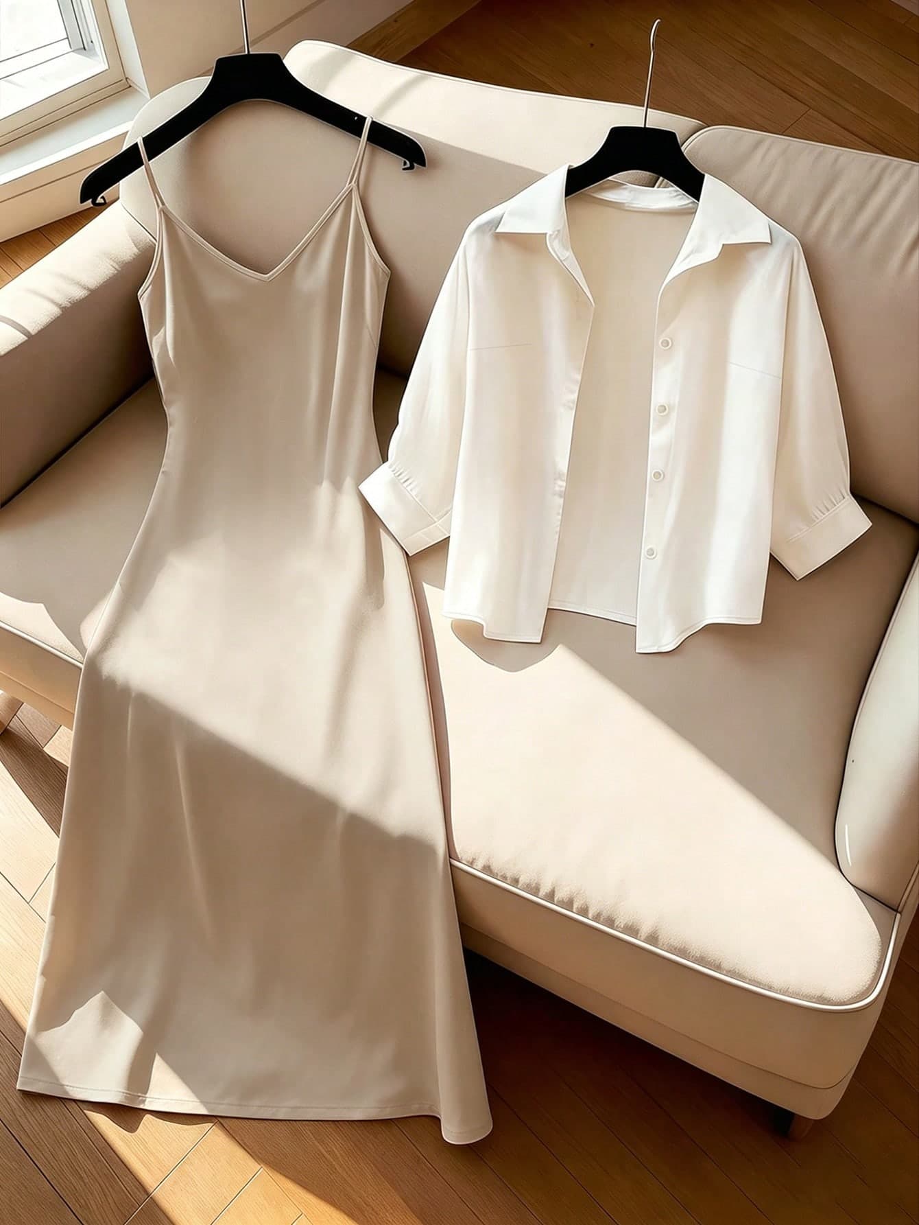 GlowEve Women's Summer Casual Solid Color Shirt & Slip Dress 2 Pieces Set