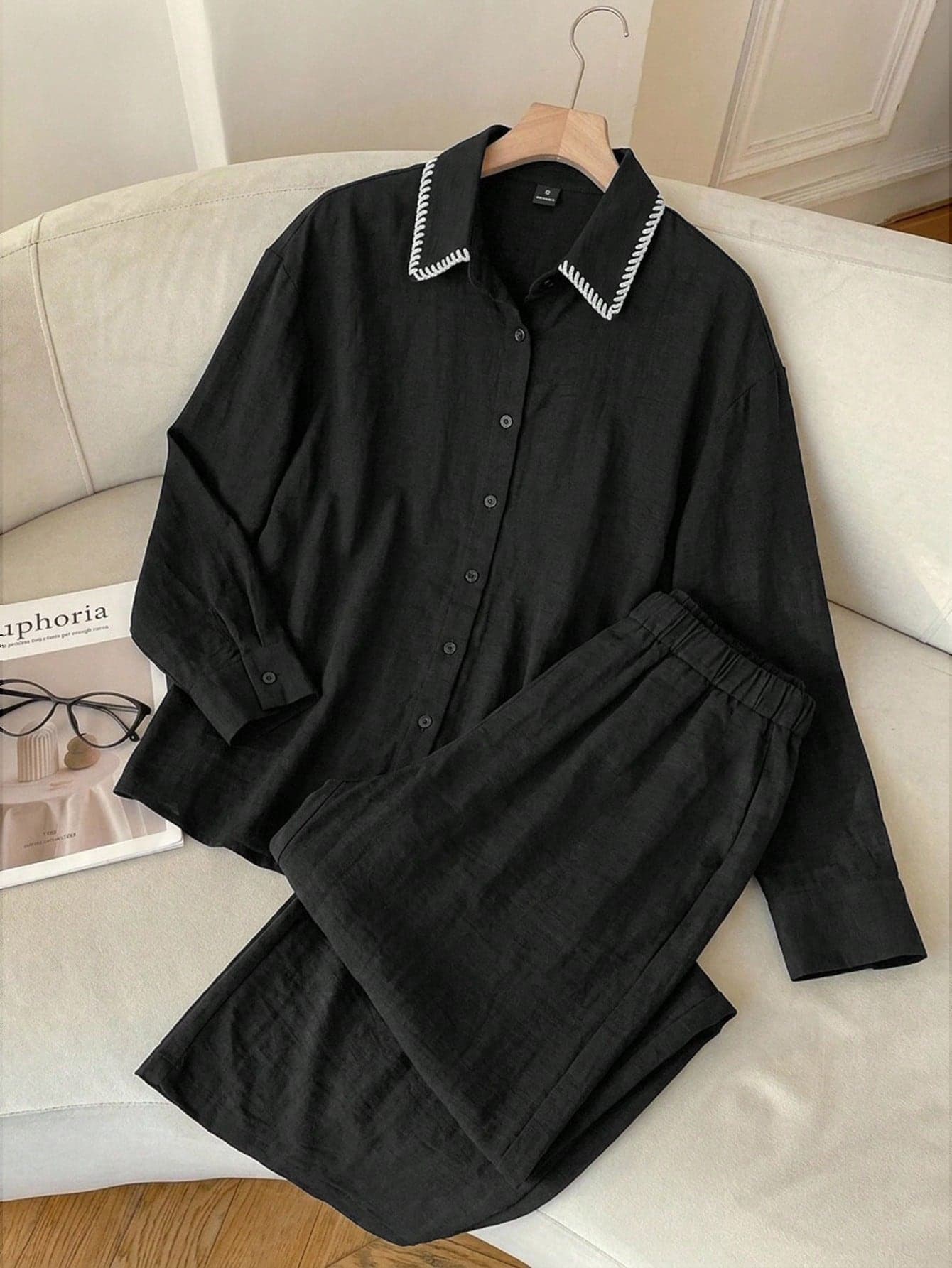 SHEIN EZwear Women Spring Summer Chic Matching Set Embroidered Trim Collar Blouse And Trousers Breathable Mix And Match For Work Commute