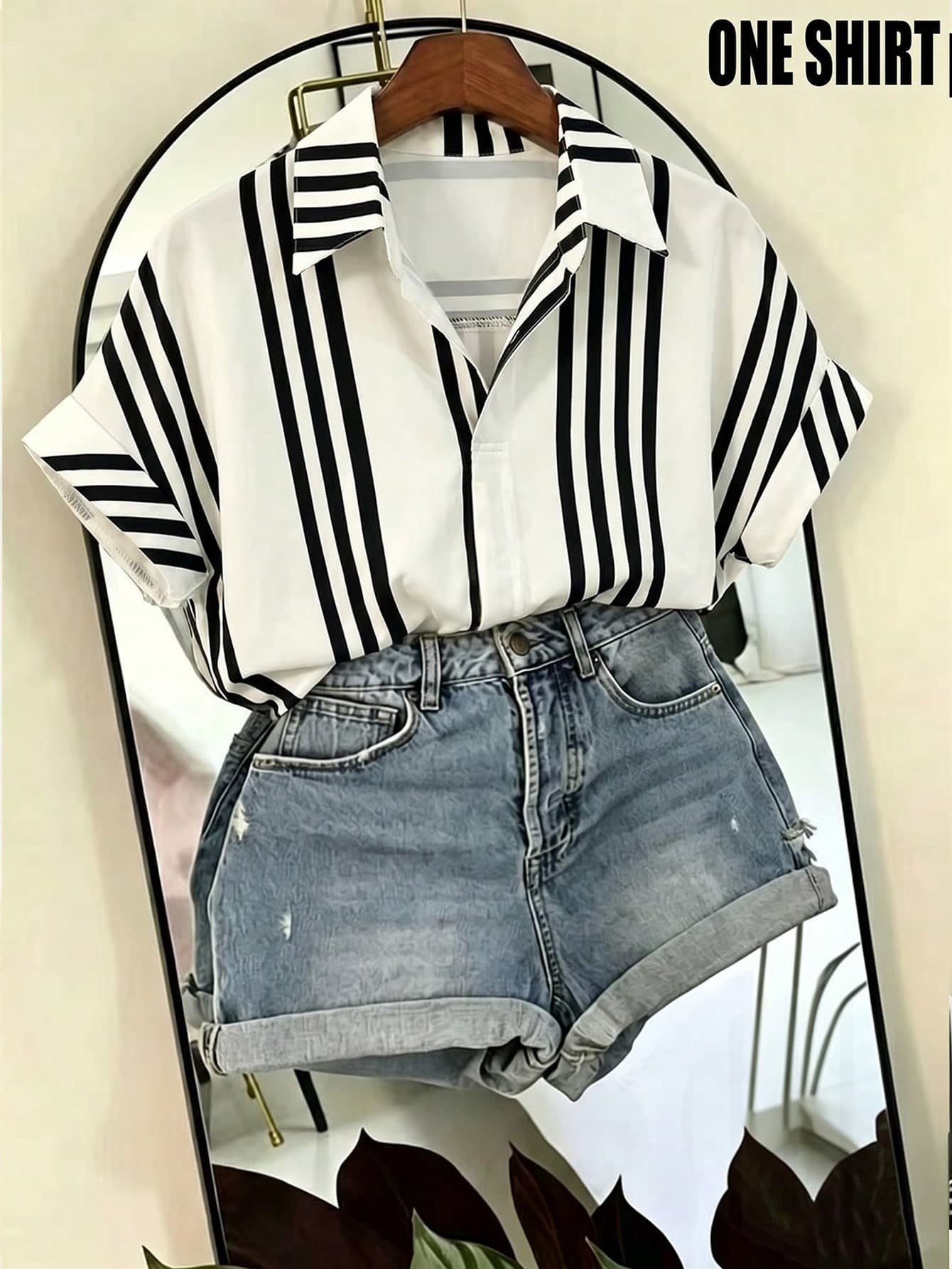 Franclia Fashionable High-End French Design Loose Batwing Sleeve Collar Women's Shirt, Striped Shirt, Short Sleeve Shirt, Spring/Summer Outfit, Vacation Outfit, Women's Spring/Summer Shirt, Women's Cover Up, Beach Outfit, Women's Top, Blue And White Stripes