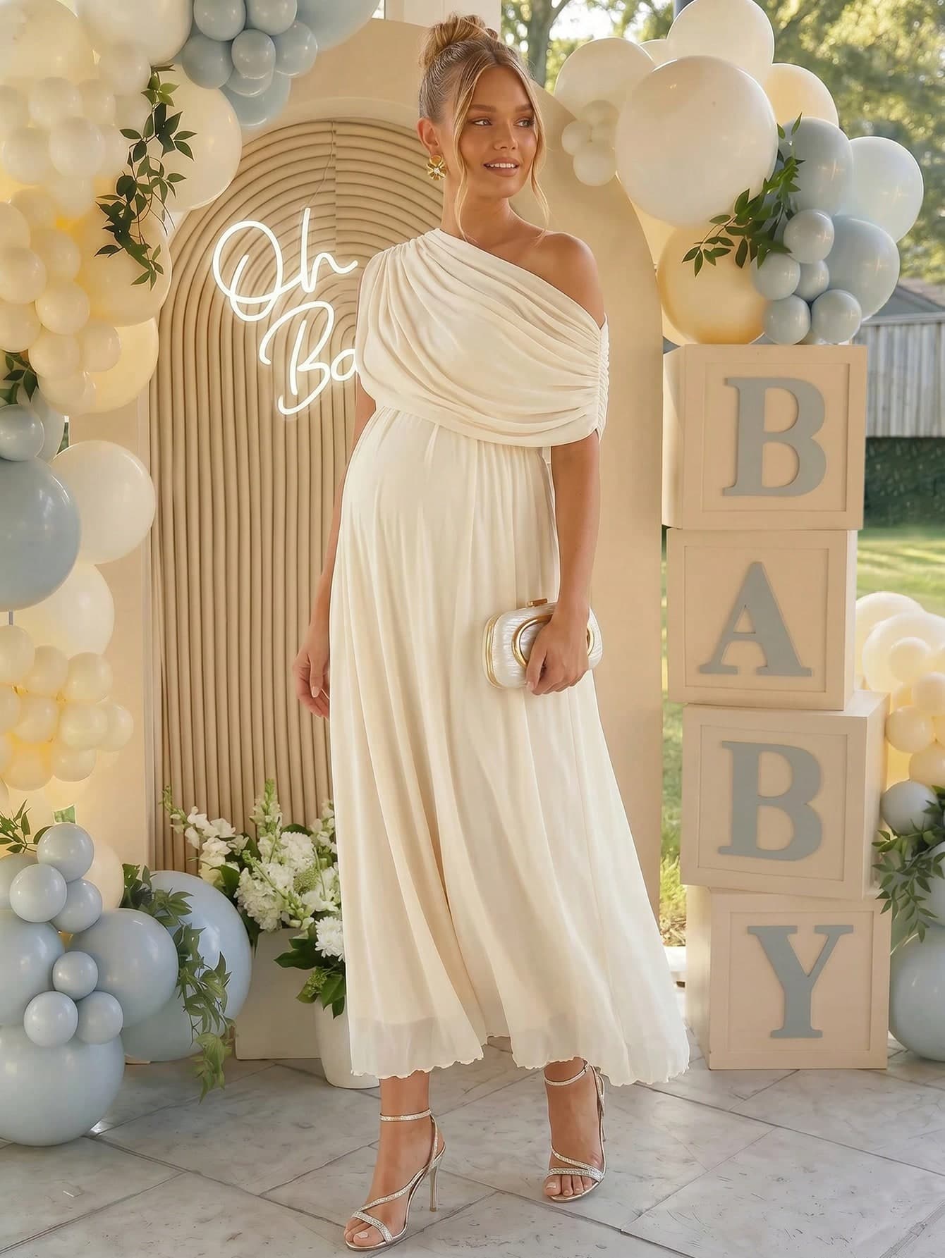 Loomaby Maternity Solid Color Asymmetric Shoulder Pleated Elegant Dress Dress Gender Reveal Dress Maternity Dress Baby Shower Dress