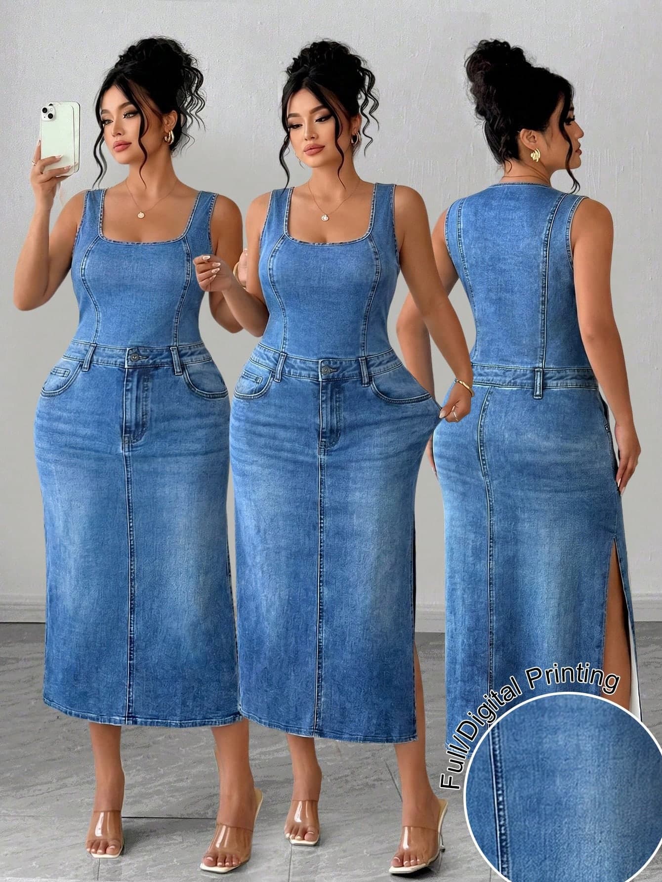 Elenzga Plus Size Women's Fashion Elegant Tropical Floral Print Tank Top Fitted High Slit Dress Suitable For Spring/Summer, Back To School, Vacation, Graduation, Holiday, Valentine's Day, Christmas, Music Festival, Mother's Day, Halloween, Thanksgiving, Easter, National Day, Prom, Birthday, Date Party, Wedding Season, Outings, Etc.