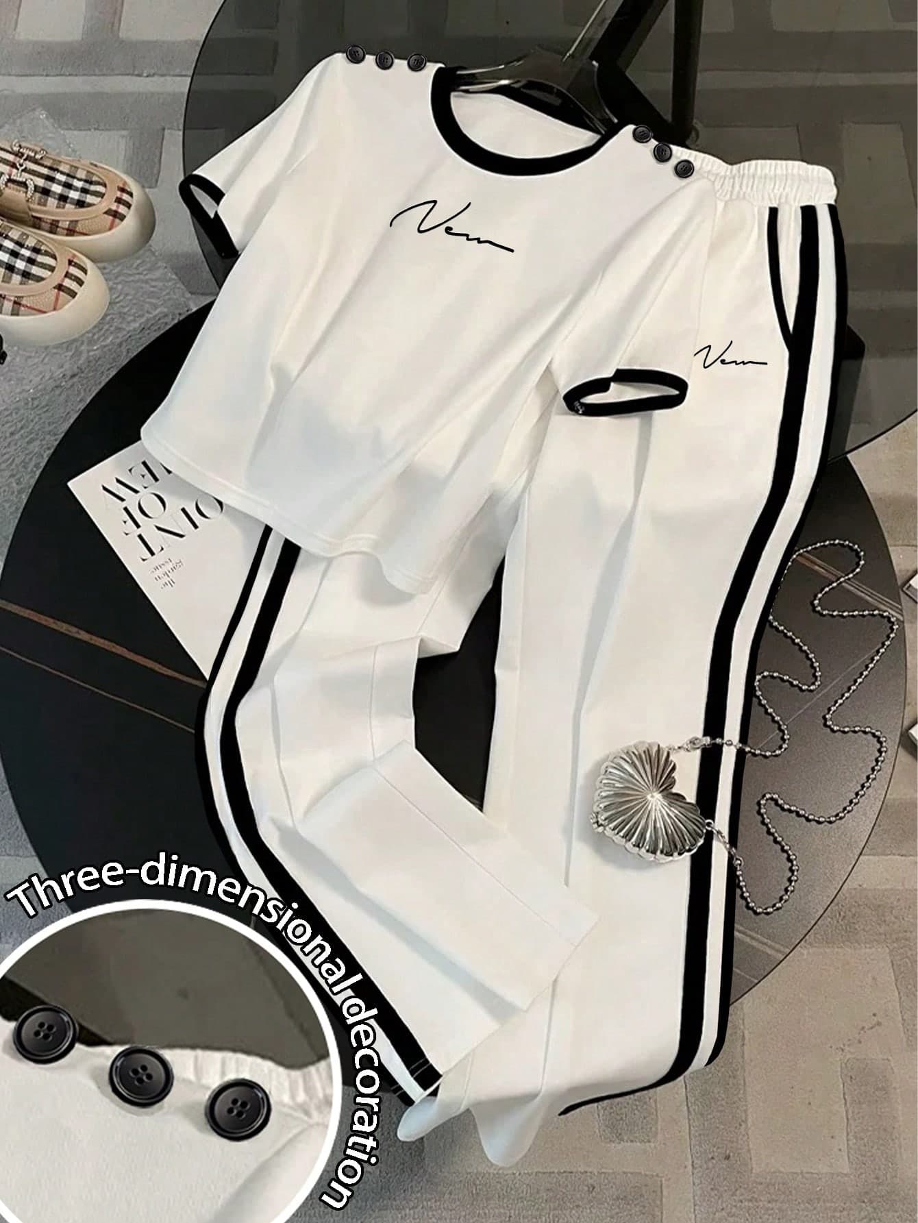 Resyla Fitted Short Round Neck Raglan Short Sleeve T-Shirt + Straight Leg Pants With Side Pockets