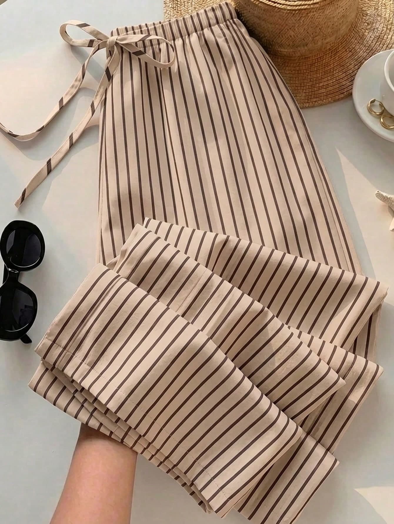 SHEIN EZwear Women's Casual Waist Tie Straight Leg Pants Suitable For Summer