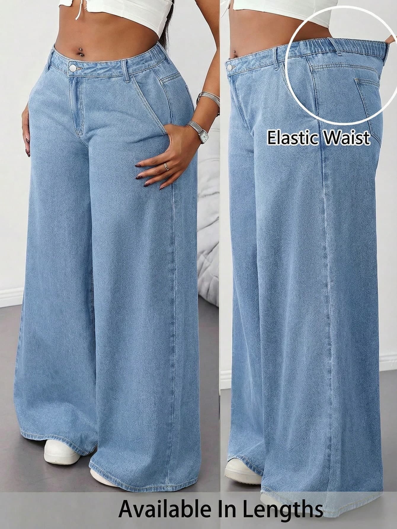 SHEIN Tall CURVE Plus Size Light Blue Elastic Waist Casual Straight Loose Fit Jeans