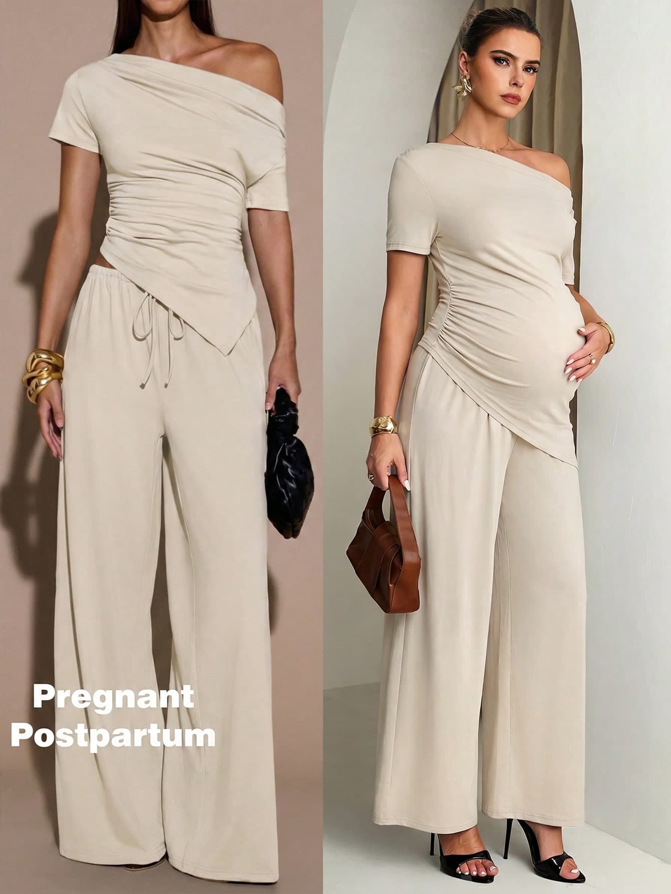 MaterniChic Maternity Solid Color Asymmetrical Shoulder Fitted Stylish Summer Minimalist 2 Pieces Set
