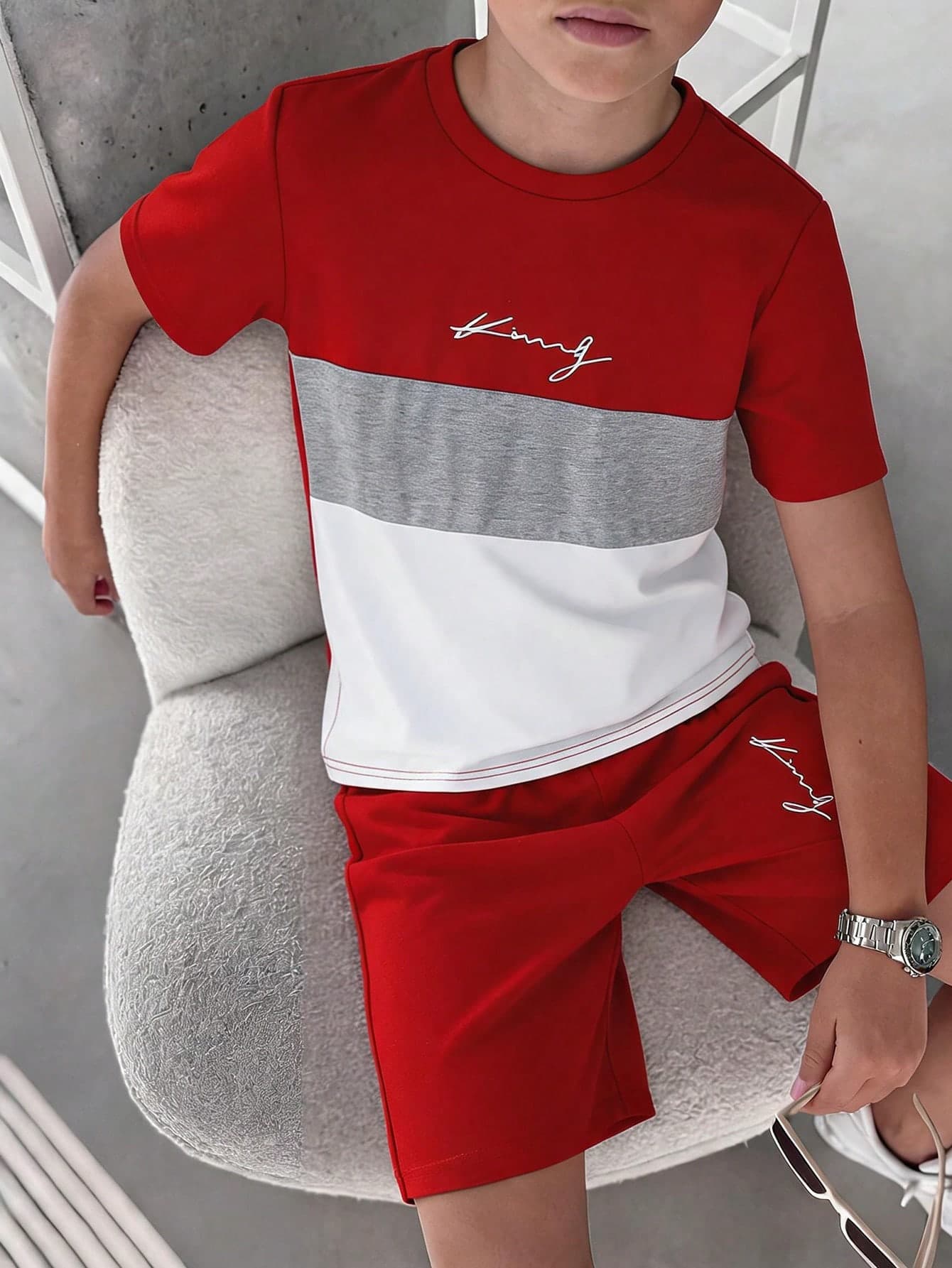 SHEIN 2pcs/Set Teen Boys Casual Color Block Letter Print Round Neck Short Sleeve T-Shirt And Shorts Set, Suitable For Commuting, School, Daily Casual Wear, Sports, Spring/Summer
