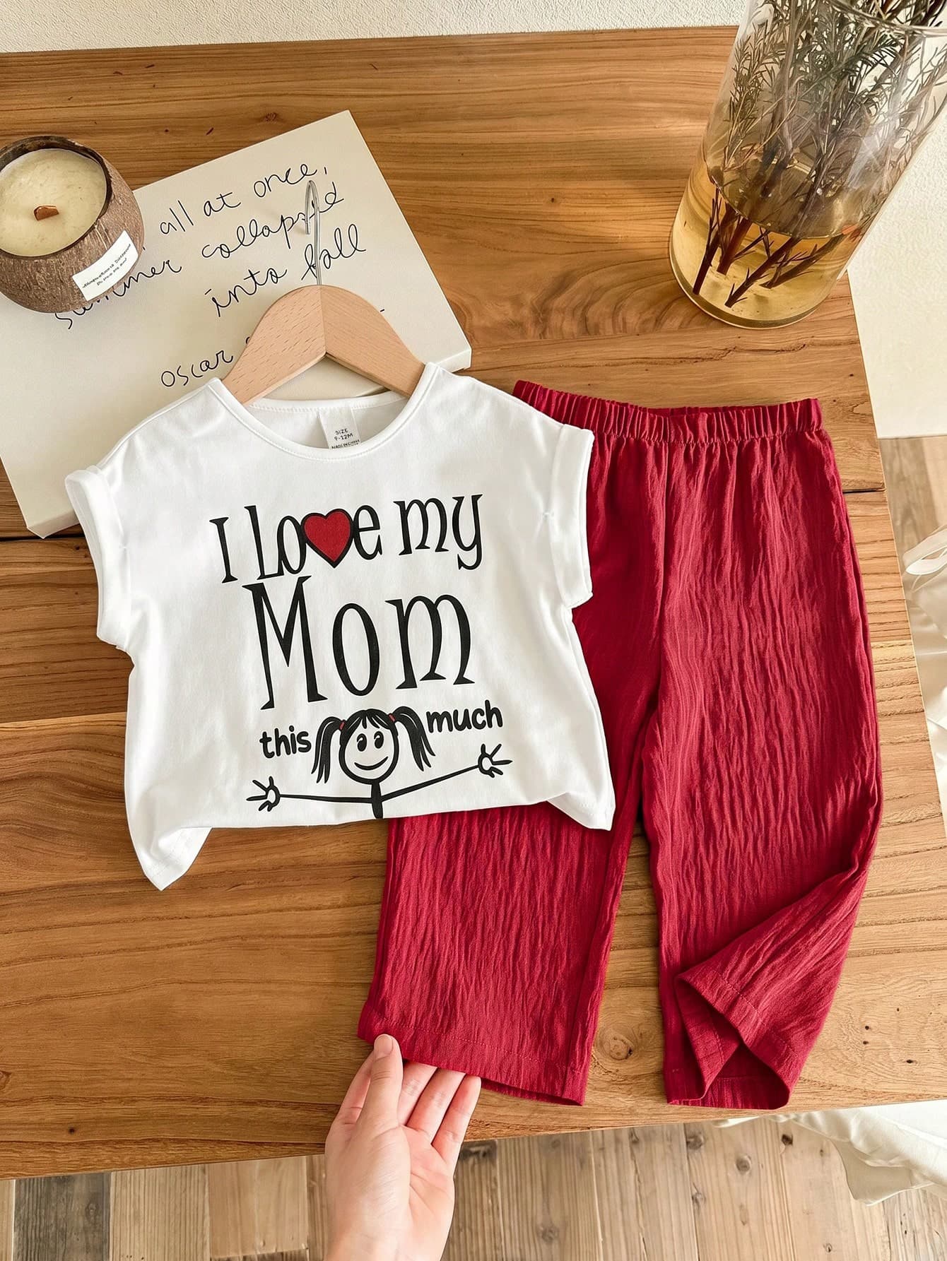 SHEIN LMoss Kids Baby Girl Summer Cute Versatile Girls Pattern Short Sleeve T-Shirt Elastic Waist Blue Long Pants Set I LOVE MOM Mother's Day Red Trouser Outing Comfy