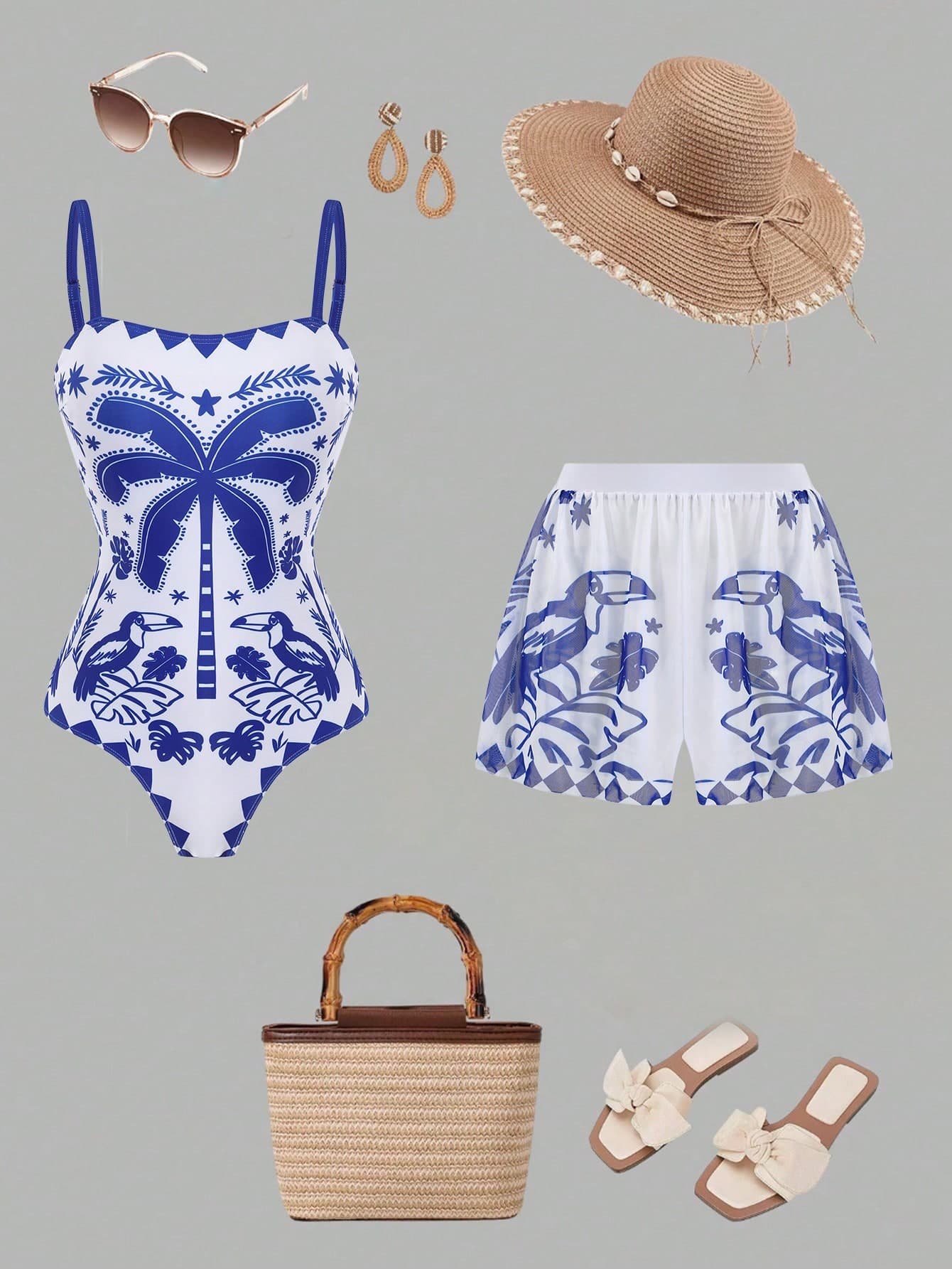 Swim Oasis 2026 New Plus Size Blue & White Tropical Coconut Tree Toucan Print Wide Adjustable Shoulder Strap Waist-Defining Semi-Covering Hip Design Paired With High-Waist Mesh Pants Mesh Tummy Control Slimming Casual Daily Beach Vacation Women's One-Piece Swimsuit Set