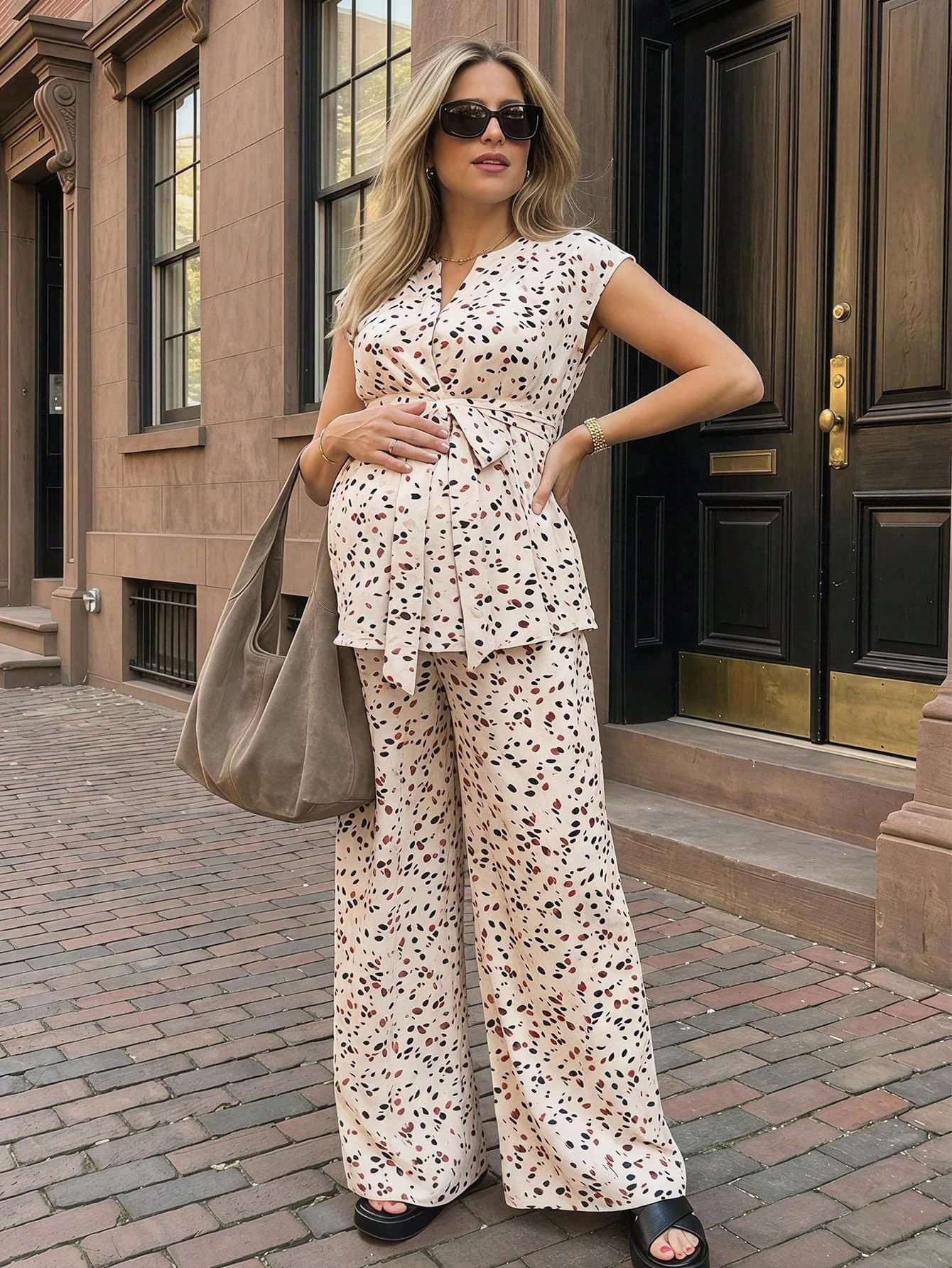 SHEIN Women's Maternity Blush Pink Summer 2 Pieces Set,Elegant Formal Spotted Print V Neck Wrap Tie-Waist Top & High-Waist Wide-Leg Pants,Holiday Pregnant