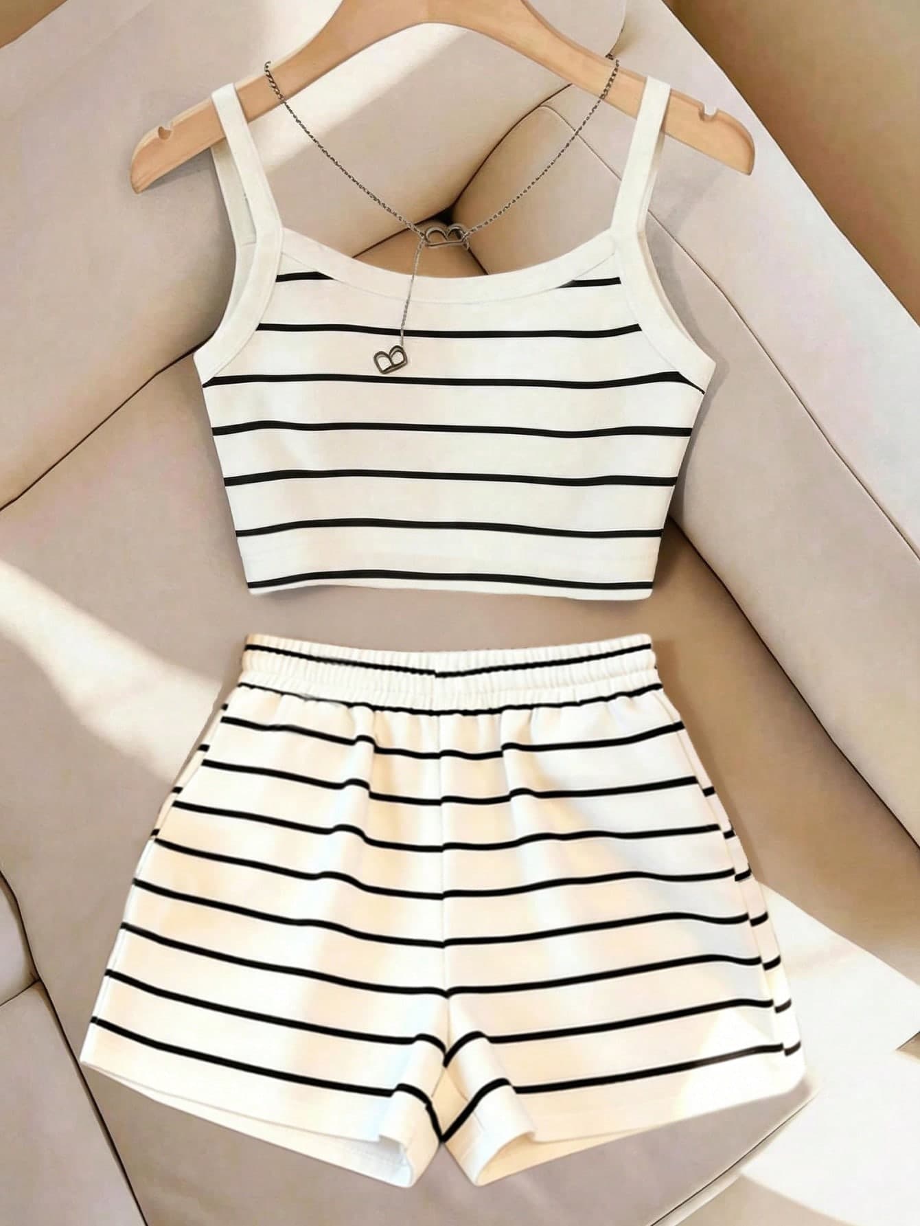 GlowEve Women's Striped Fashion Versatile Atmosphere Camisole Top And Shorts 2pcs Set