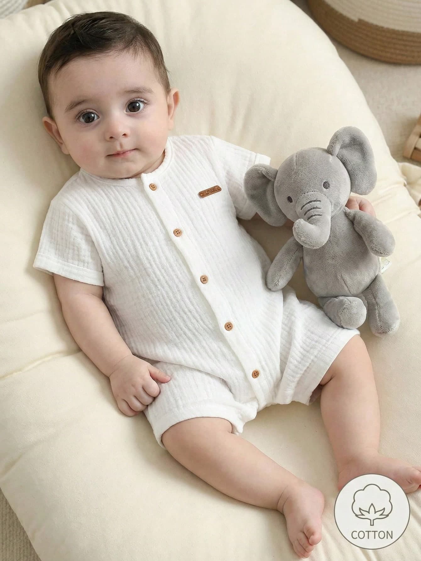 SHEIN Newborn Baby Boy Casual Solid Color Short Sleeve Romper+Shorts,Summer Clothes Cotton White Romper For
