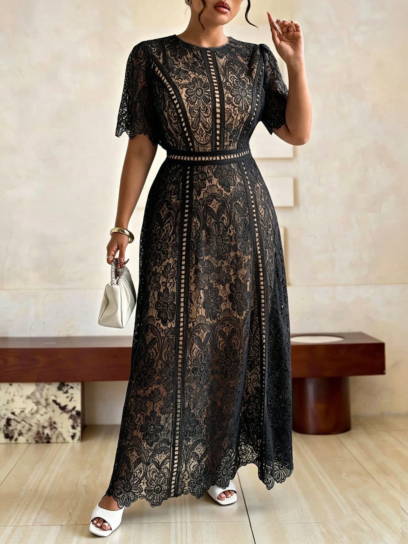 Roveilla Plus Size Women's Summer Elegant Vintage Christmas Beige Water-Soluble Embroidery Short Sleeve A-Line Long Fitted Party Wedding Guest Black Dress