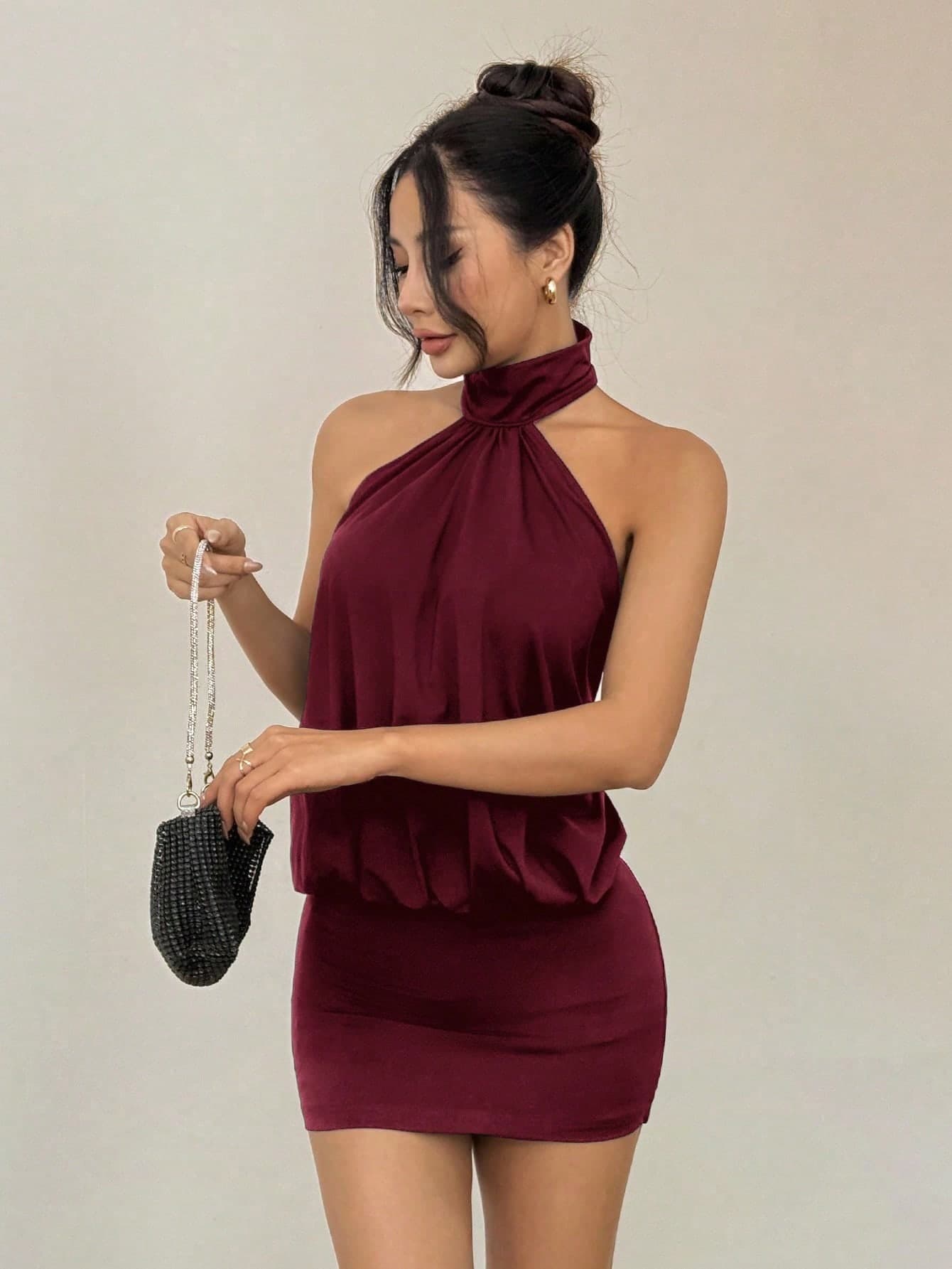 SHEIN PETITE Casual Women's Burgundy Mini Dress Sleeveless Halter Ruched Bodycon Knitted Fabric Plain ,Petite Women