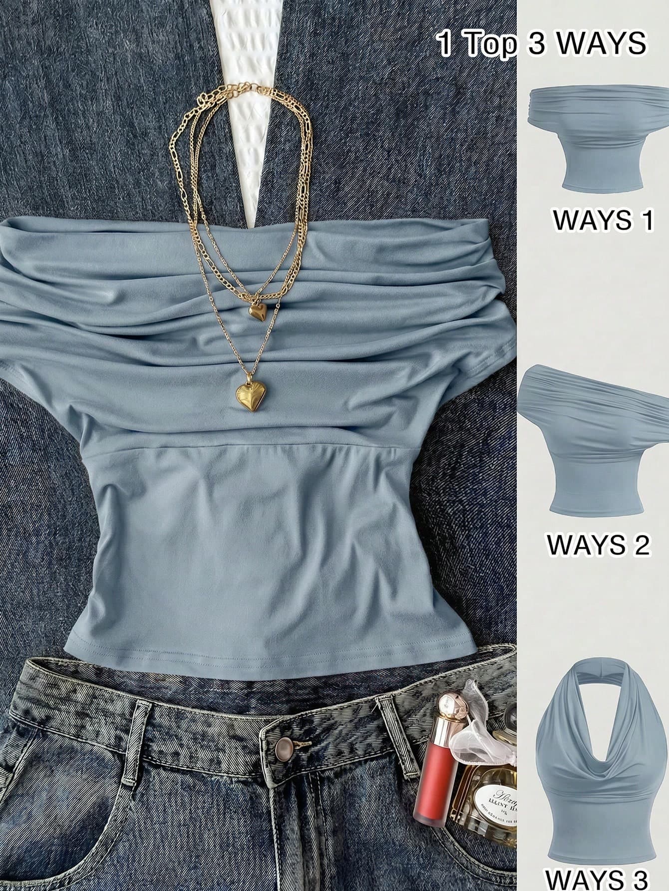 Kids Teen Girl 3-Way Wear Casual Solid Color Fitted Top, Summer Versatile, High Neck Off-Shoulder Design, Elegant And Stylish, Suitable For Holidays, Country Style, Beach Vacation, Afternoon Tea And Other Occasions, Dignified Style, Can Be Worn As A Dance Top Or Cute Top.