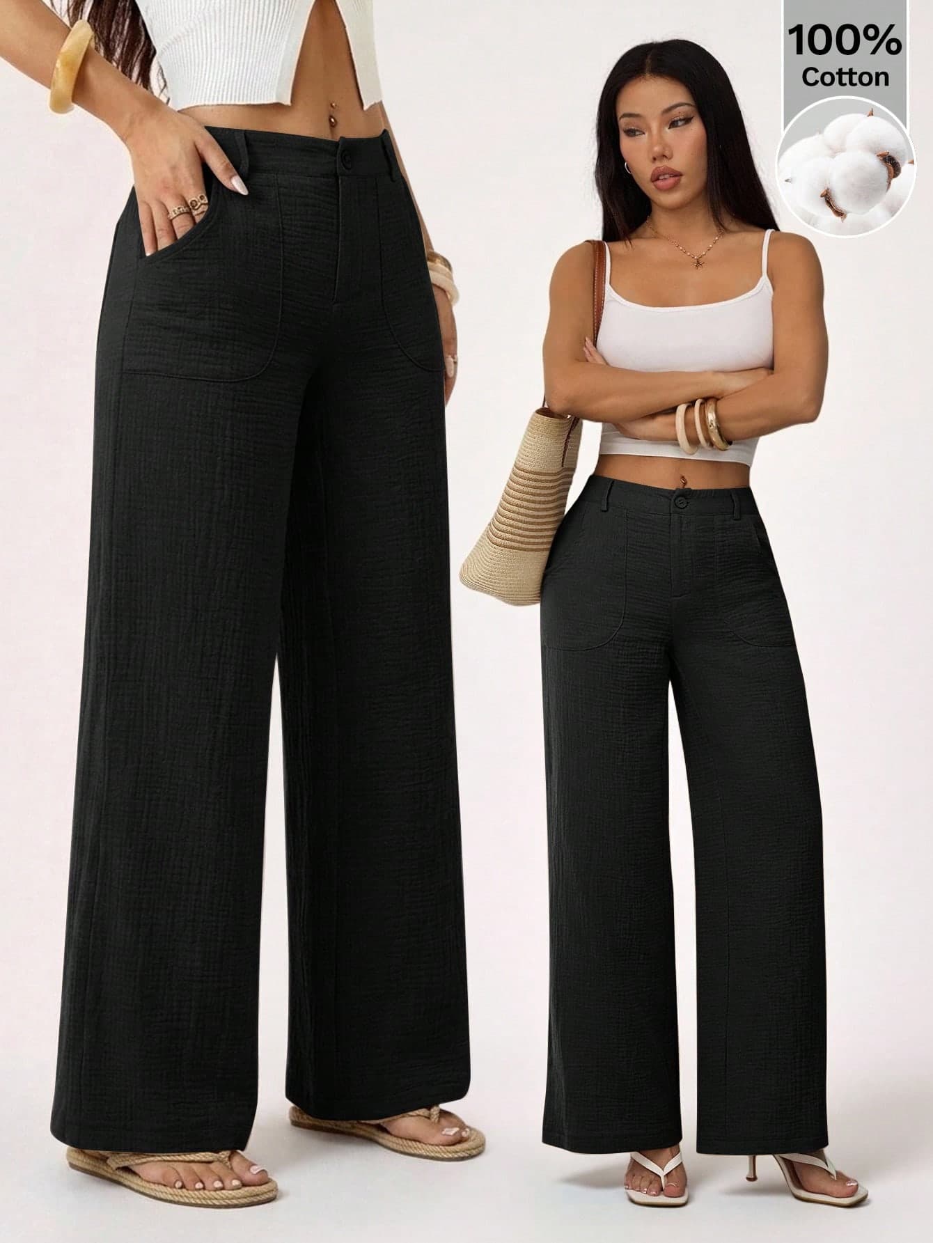SHEIN PETITE 100% Washed Cotton Low Waist Straight Pants ,Petite Women