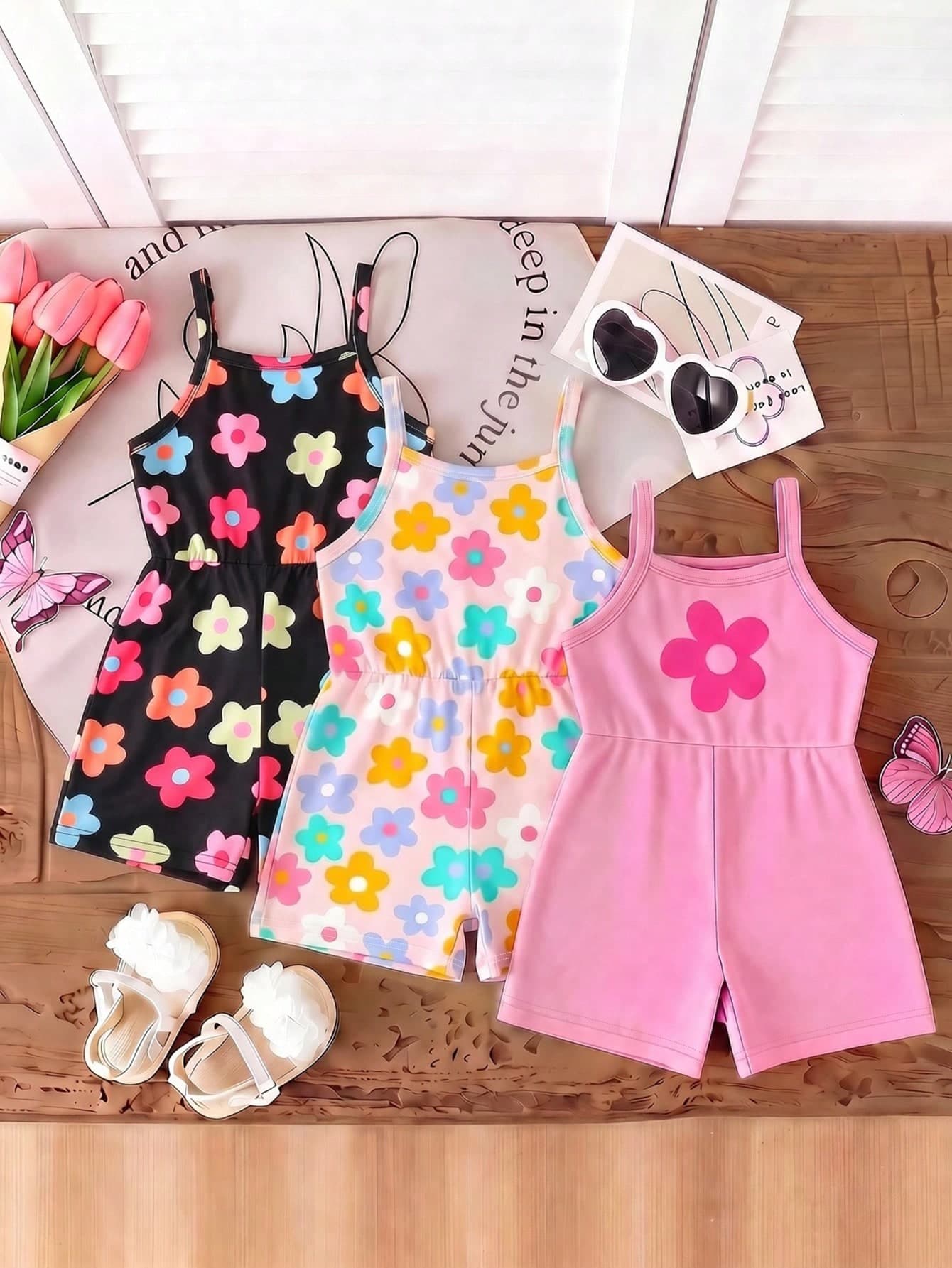 3pcs/Set Girls Toddler Summer New Soft Fabric 2026 Floral All-Over Print & Solid Color Fitted Romper Shorts, Simple Versatile Fashion Vacation Style