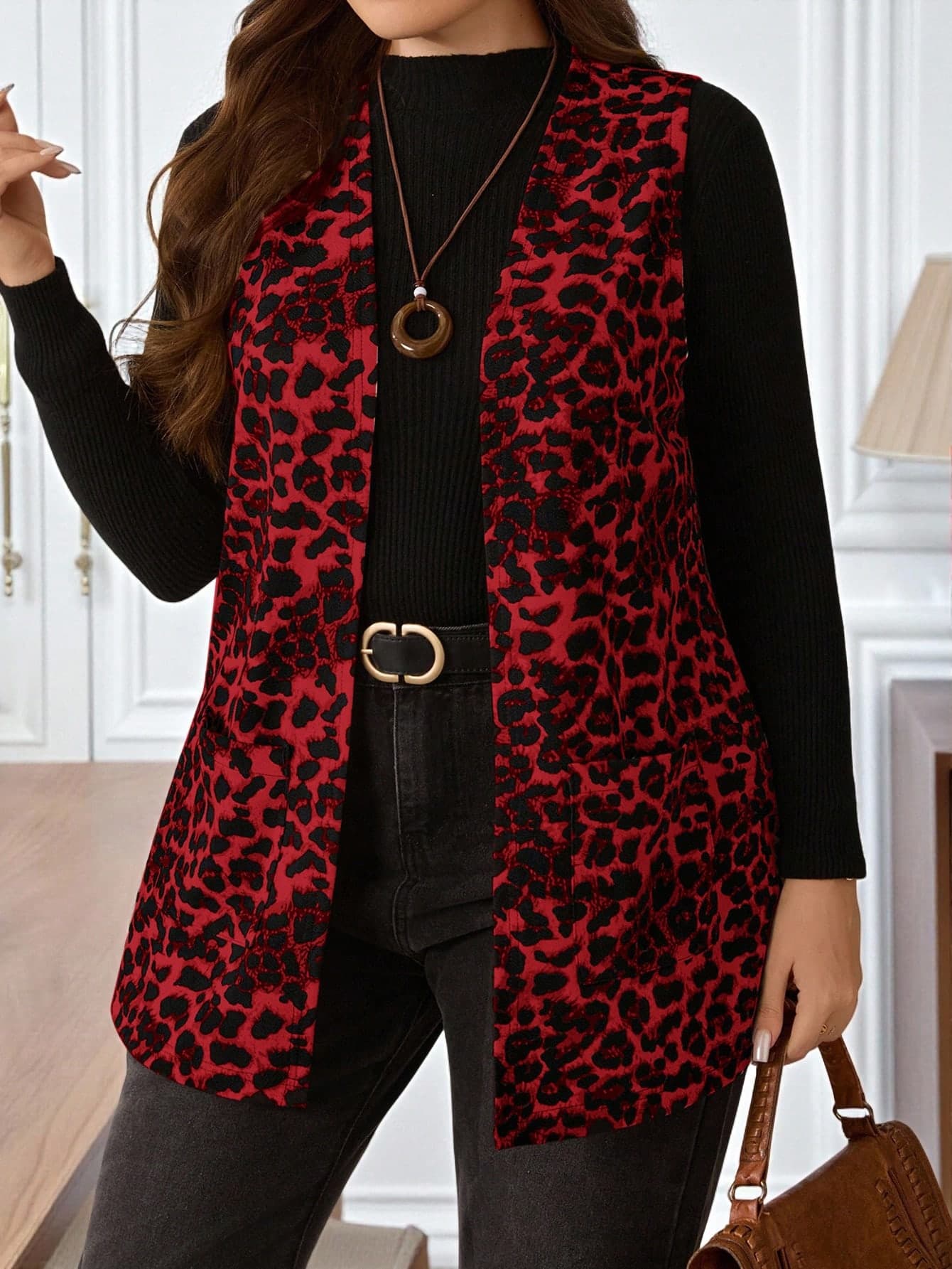 EMERY ROSE Plus Size Women's Red Leopard Print Open Front Sleeveless Cardigan,Elegant Pocket Coat For Autumn,Early Spring Casual Fashion Vacation, Style,Fall