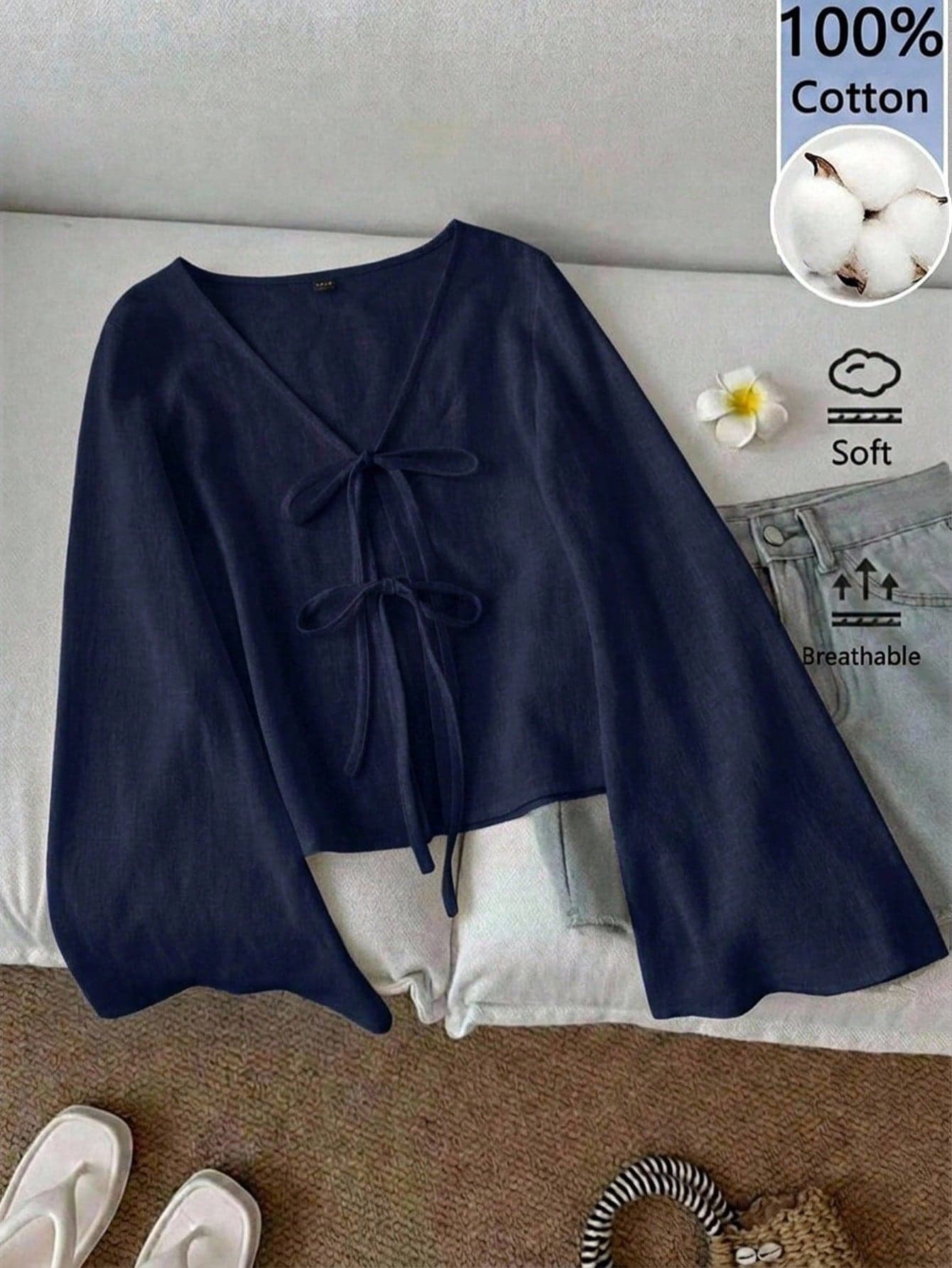 SHEIN LUNE Women's 100 Pure Cotton Casual Boho Solid Color V-Neck Bell Sleeve Knot Front Shirt, Spring/Autumn Navy Blue Top, Tie Front Top, Vacation Everyday