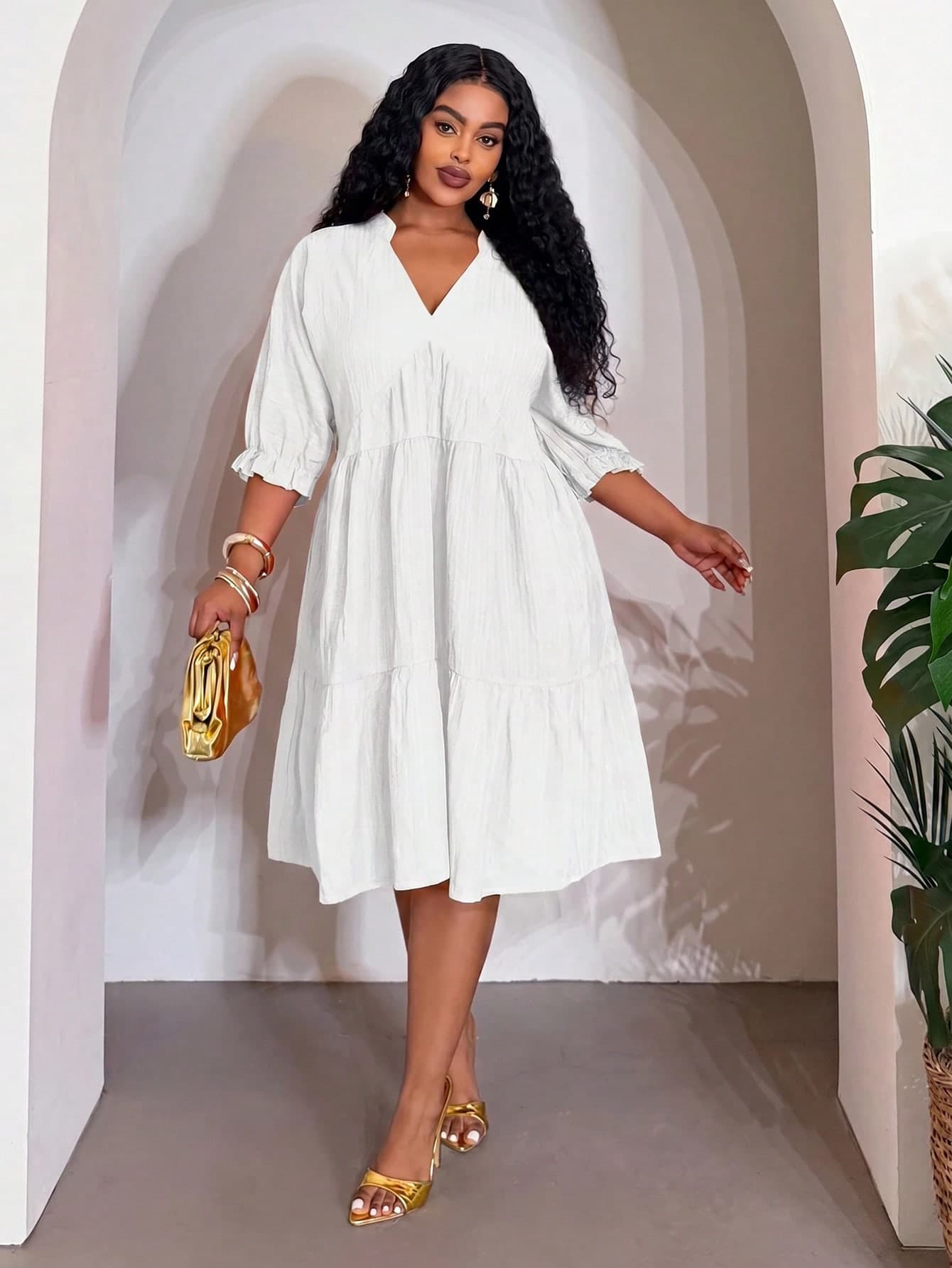 Veslaya 2026 Spring/Summer Plus Size Women's New Music Festival, Easter, Western, Nomad, Birthday Party, Graduation Season, Preppy, Student, Daily Street, Basic Versatile, Casual, Vacation, Cruise, Beach, Seaside, Sun-Kissed, Viral, Street Style, Wedding Guest, Bohemian, Commuter, Brunch, Airport, Party, Holiday, Elegant Banquet, Ball, Casual, High-End Elegant Orange Textured V-Neck Split Short Sleeve A-Line Mini Dress