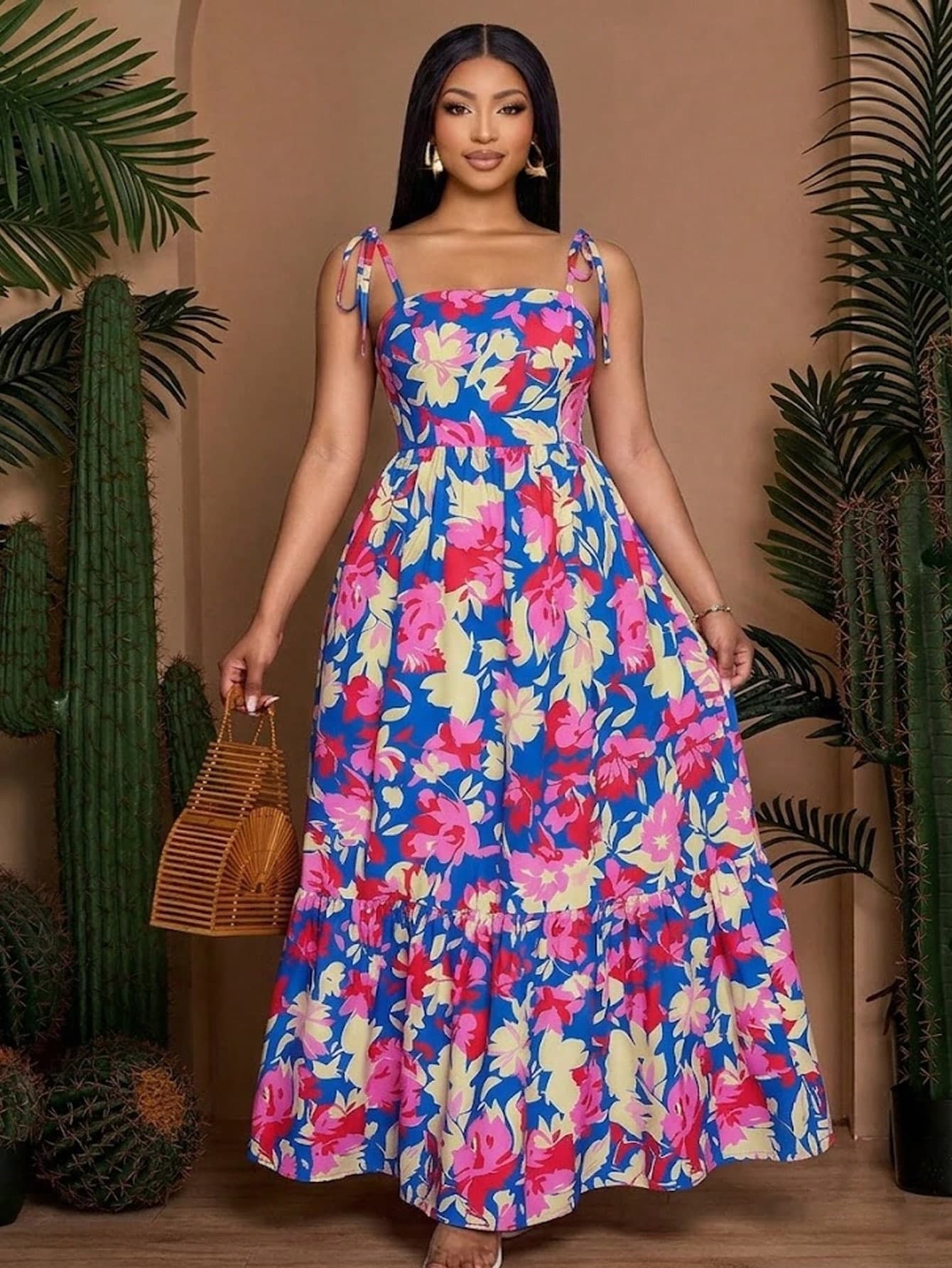 SOLERSUN Women's Light Blue Summer Boho Maxi Dress,Flowing Striped Floral Vacation Gown With Shoulder Straps And Chest Gathered Details,Elegant Beach Wear