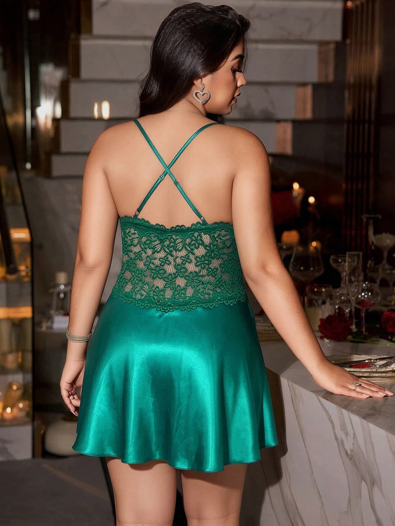 SilkySpell Plus Size Women Deep V-Neck Faux Silk Satin & Lace Patchwork Hollow Out Detail Sexy Slip Dress