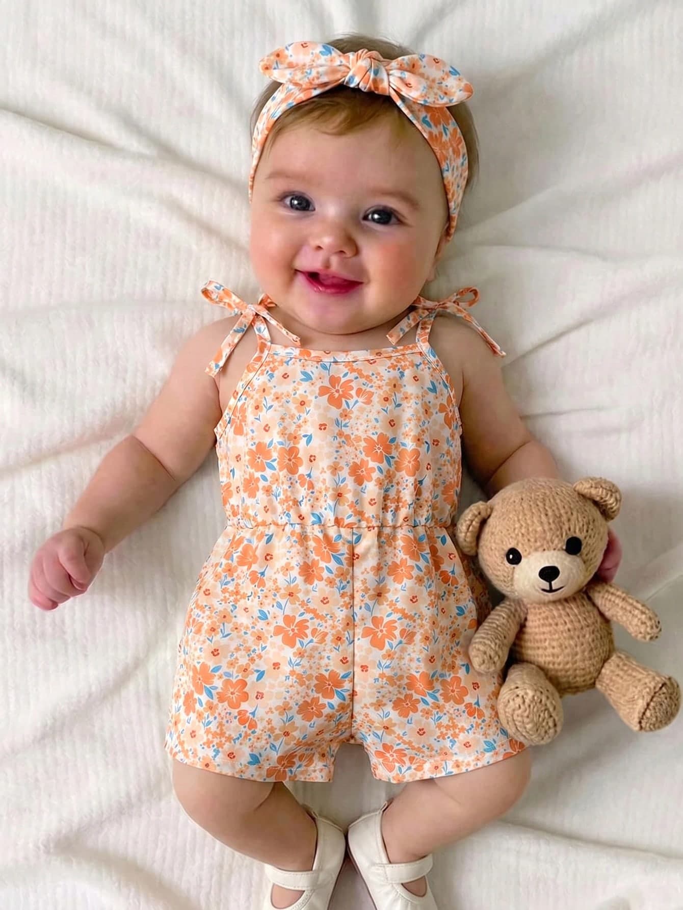 SHEIN Newborn Baby Girl Cute Summer Outfit Casual Ditsy Floral Strapless Romper Orange Jumpsuit Baby Girls Clothes ملابس اطفال