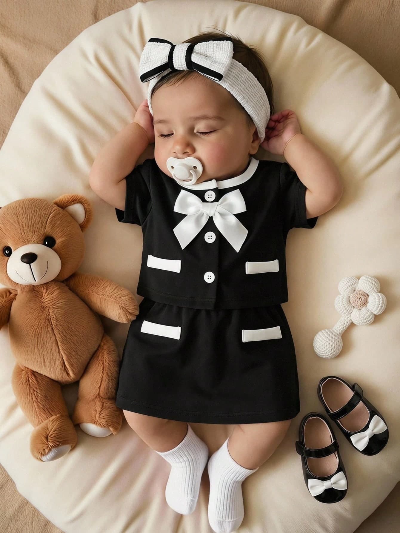 SHEIN 2 Pieces Cute Baby Girl Casual And Simple Woven Tweed Top With Pearl Button And Bow Decoration