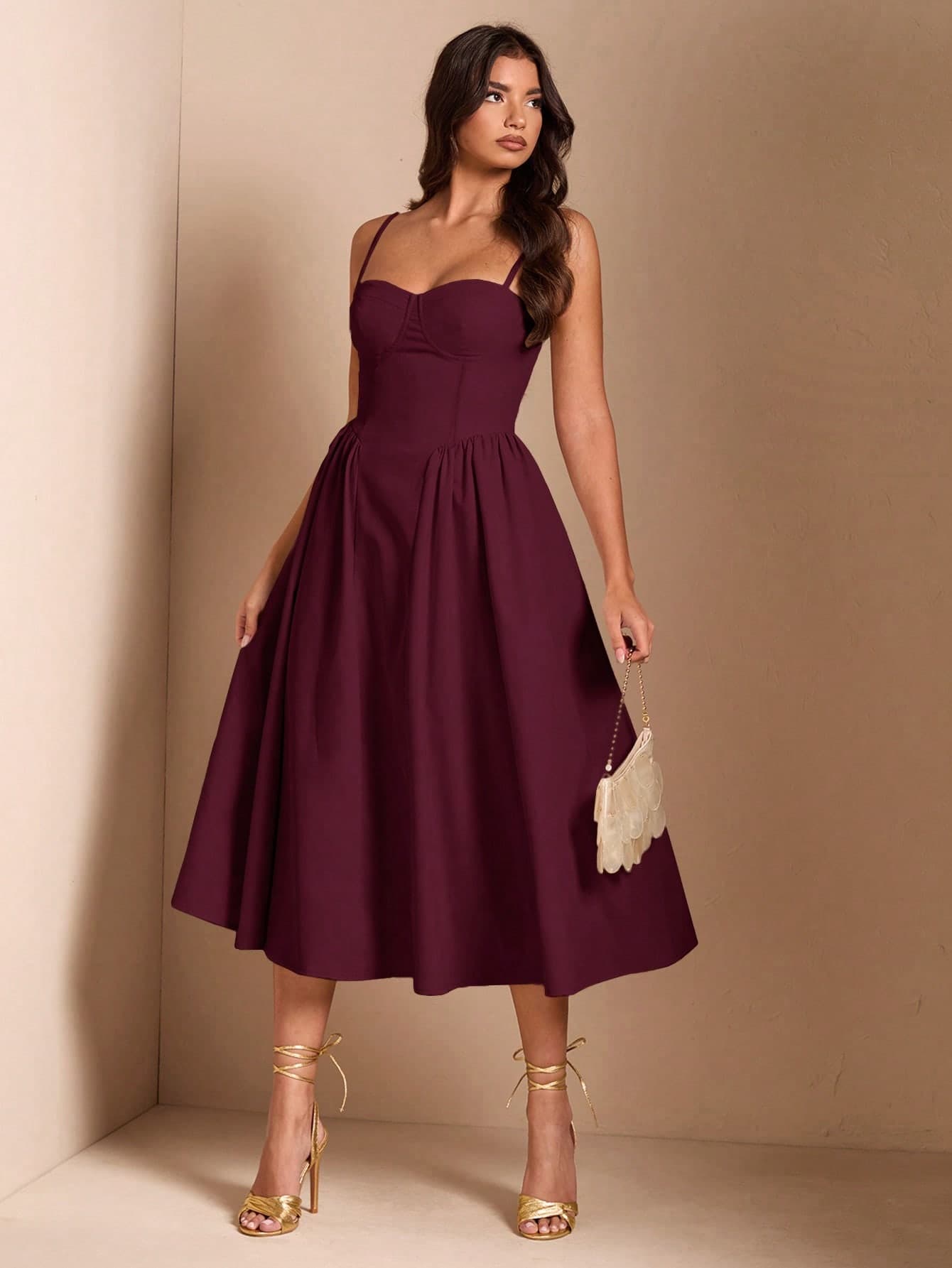 SHEIN BAE Elegant Women's Spaghetti Strap Long Puff Dress, Suitable For Daily Dates, Outings, Nightclubs, Parties, Autumn Season,Summer Dresses For Women,Dresses For Women Summer