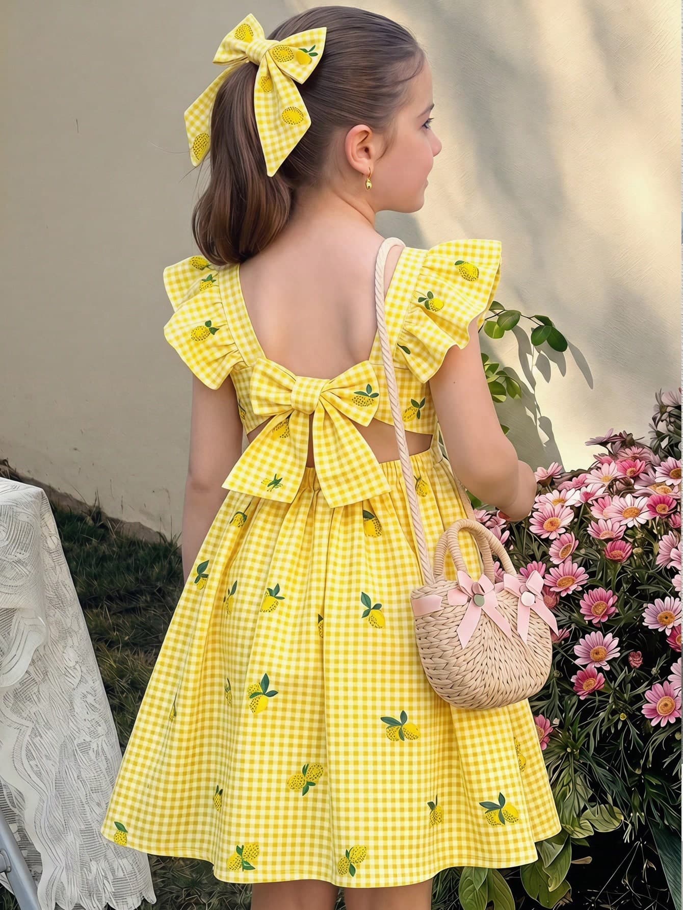 SHEIN LMoss Kids Kids Young Girls Summer Gingham Dress,Pastel Yellow Plaid Lemon Print Fairy Style,Ruffle Sleeve Back Bow Detail,Matching Family Vacation,Holiday