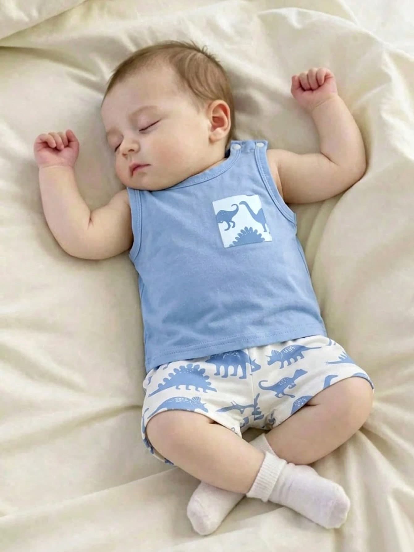Playful Pals 2pcs/Set Newborn Baby Boy Casual Stylish Cute Dinosaur Print Sleeveless Top And Dinosaur Print Shorts Set, Suitable For Spring/Summer Outings And Home Wear