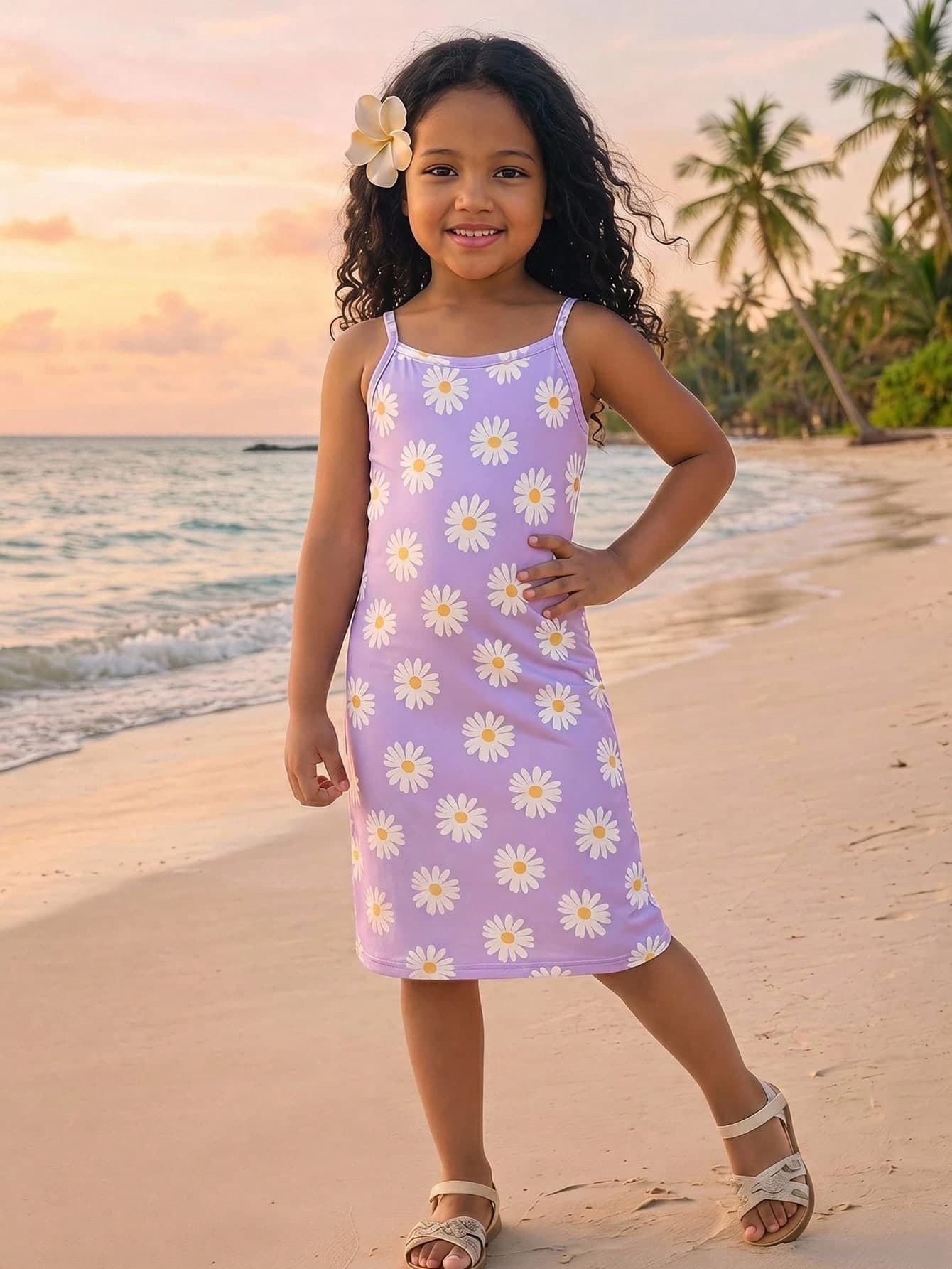 Young Girl Fashion Daisy Knit Print Purple Camisole Dress