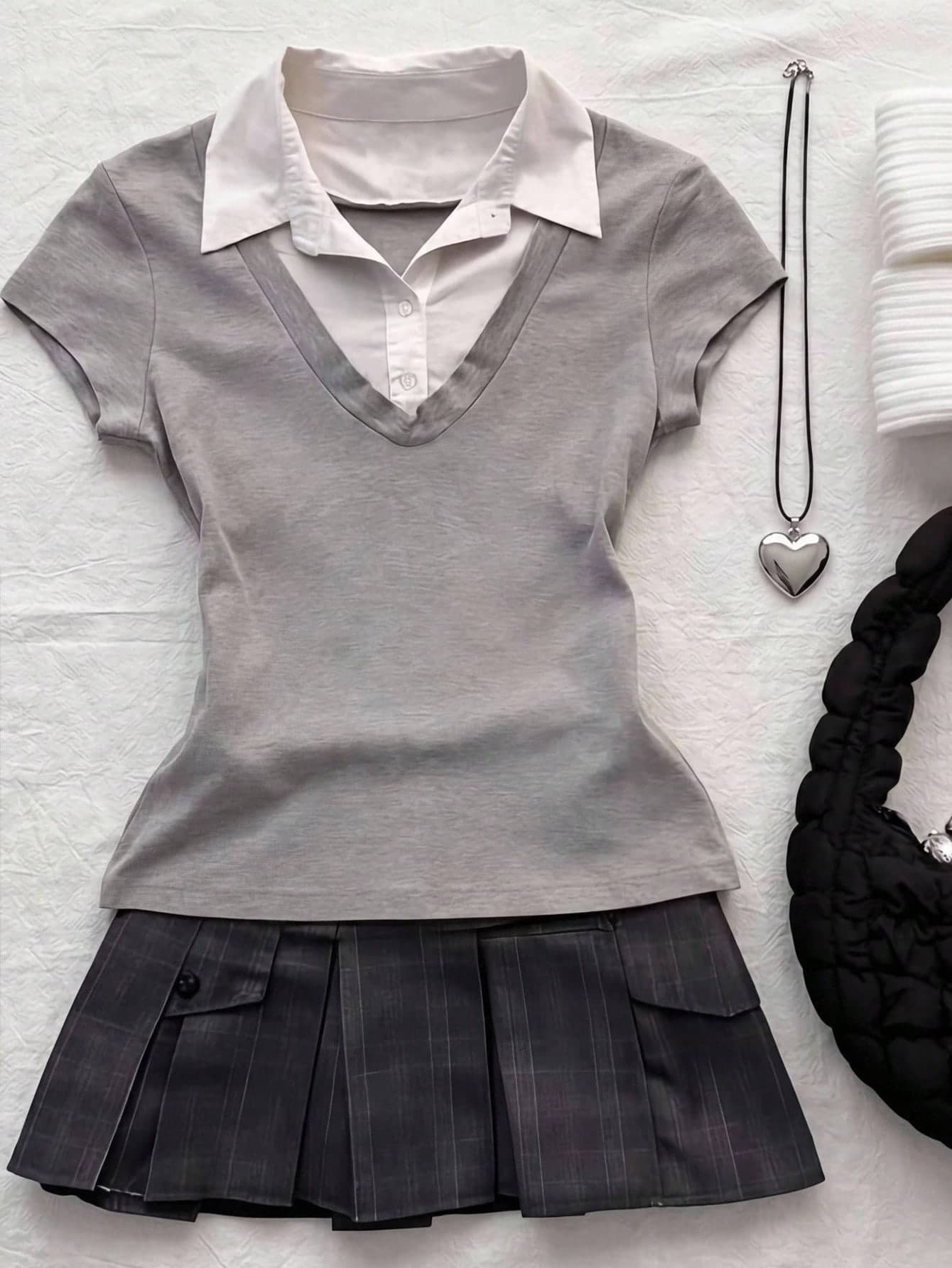 Teen Girl Teen Girls Knit Grey And White Colorblock Polo Collar Casual T-Shirt