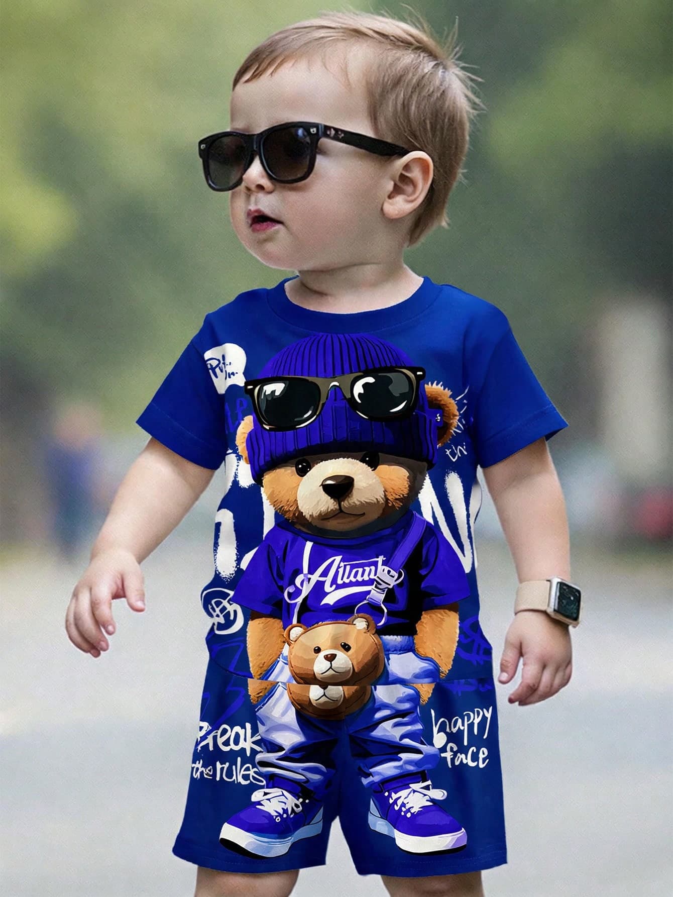Baby Boy Casual Minimalist T-Shirt Set Suitable For Summer, Classic Handsome Cool Fashion Cartoon 3D Bear Pattern Print, Street Style Handsome Text Pattern Print Background, Suitable For Street Photography, Suitable For Spring/Summer, Y2K