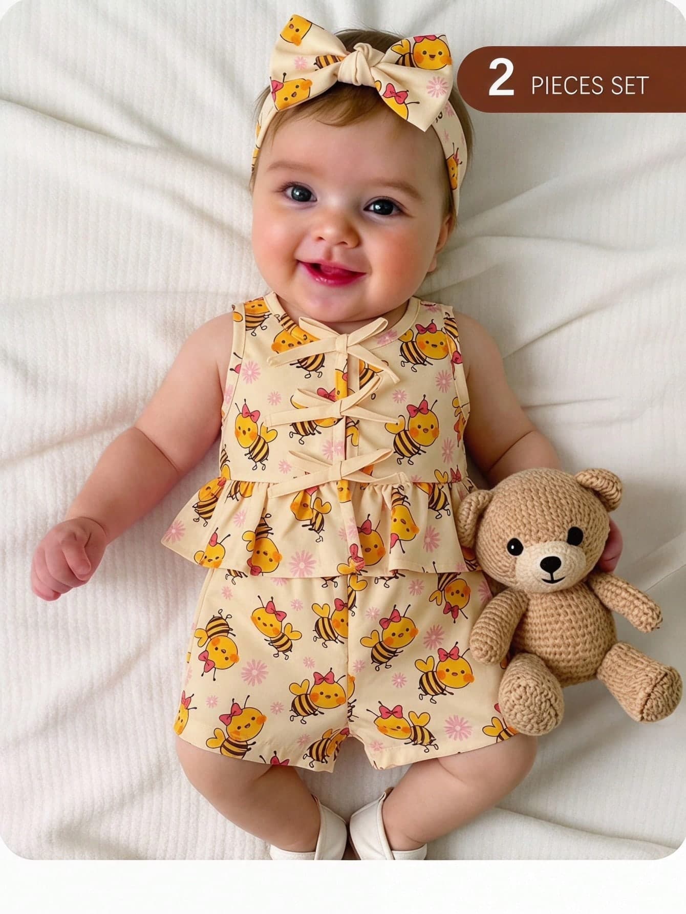 Newborn Baby Girl Vacation Casual Cute Cartoon Bee Pattern Yellow Bow Pattern Tank Top & Shorts Set Outing Summer Comfy Birthday Set