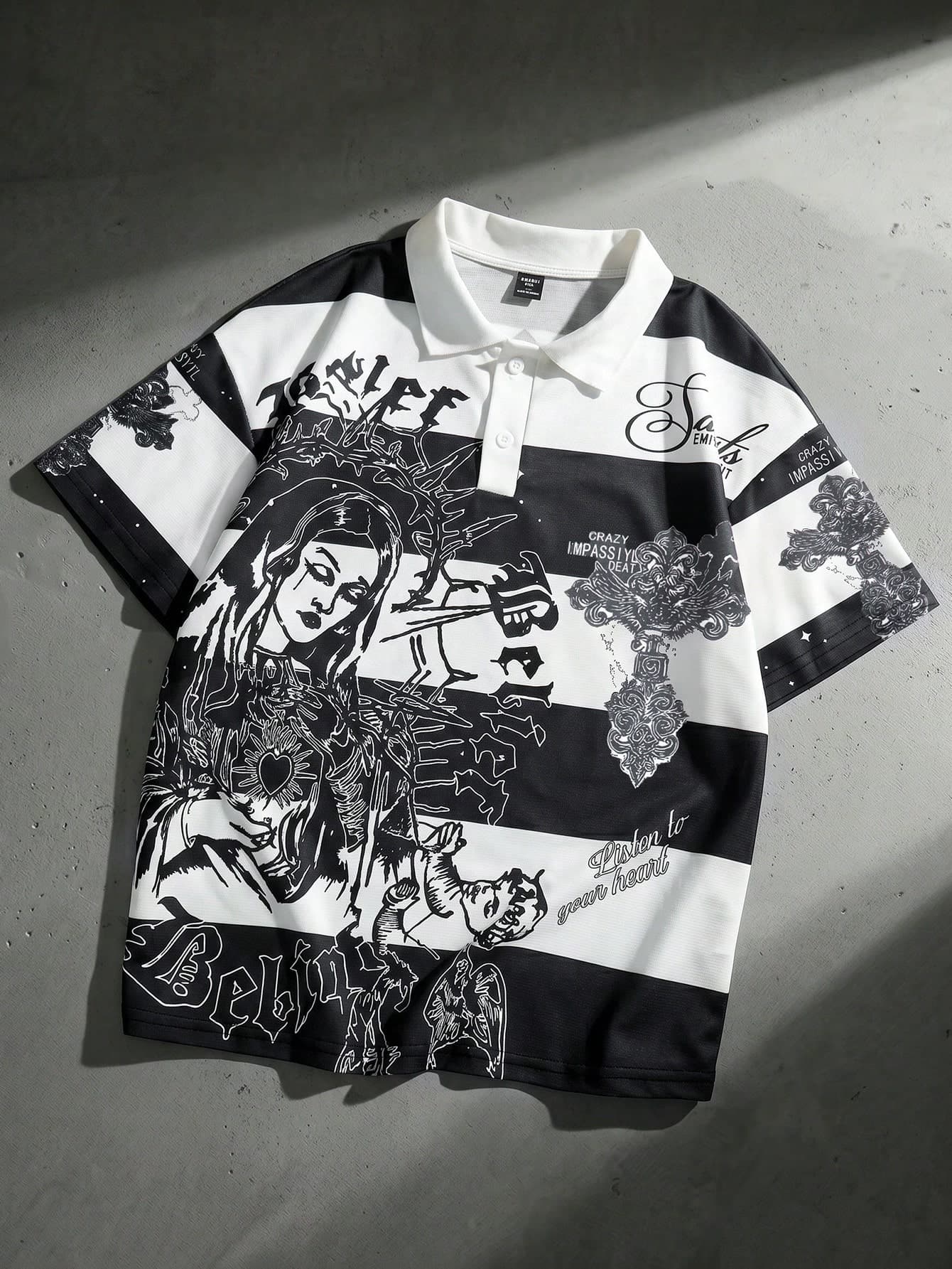 ROMWE MEN Street Life Teen Boy Casual Spring/Summer Street Style American Short Sleeve Letter Print Polo Collar T-Shirt
