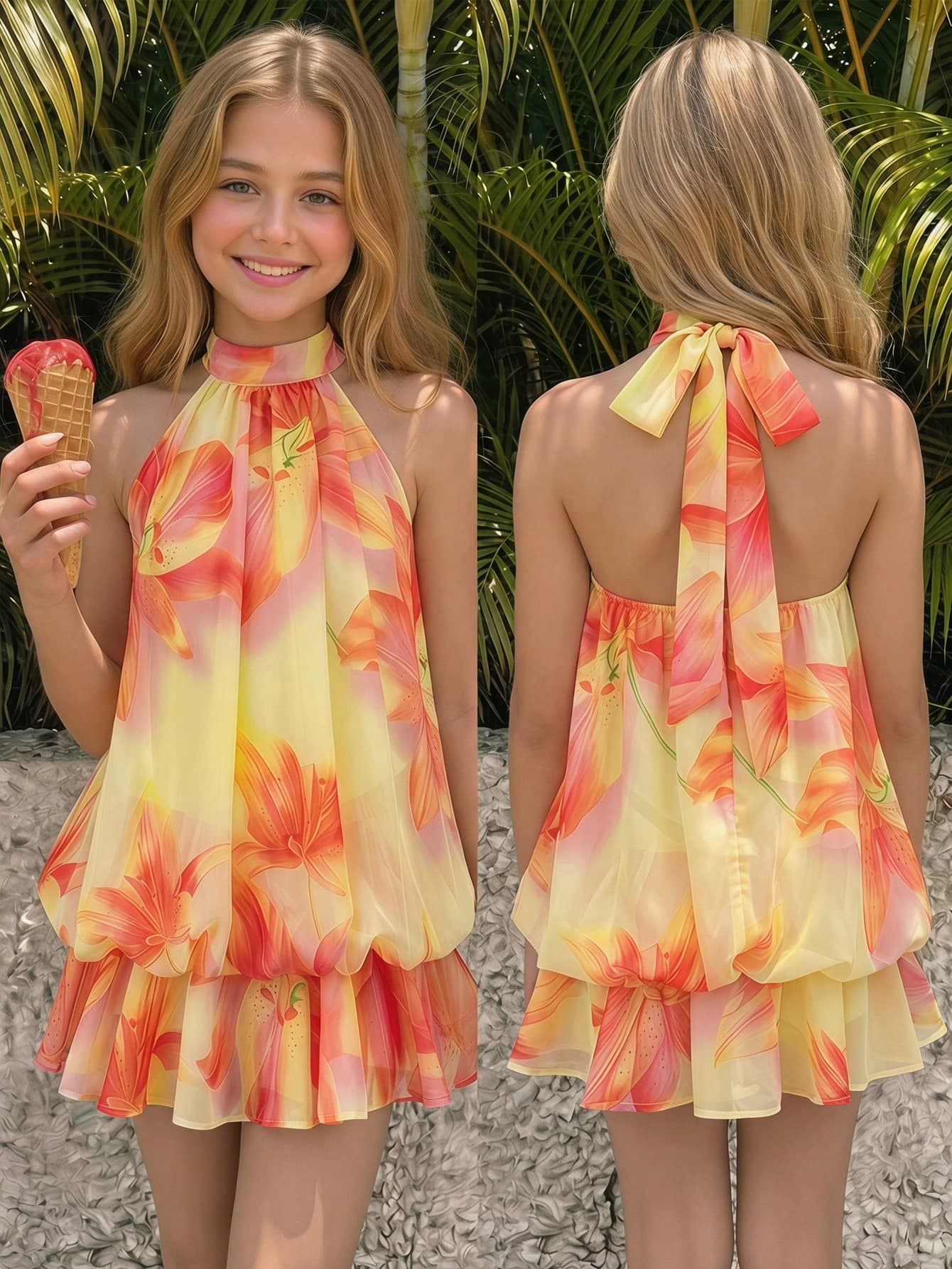 SHEIN Kids Tween Girl Elegant Casual Light Yellow Flower Print Halter Neck Tie Mini Dress, Summer Dresses Summer Outfit Vacation Outfit Vacation