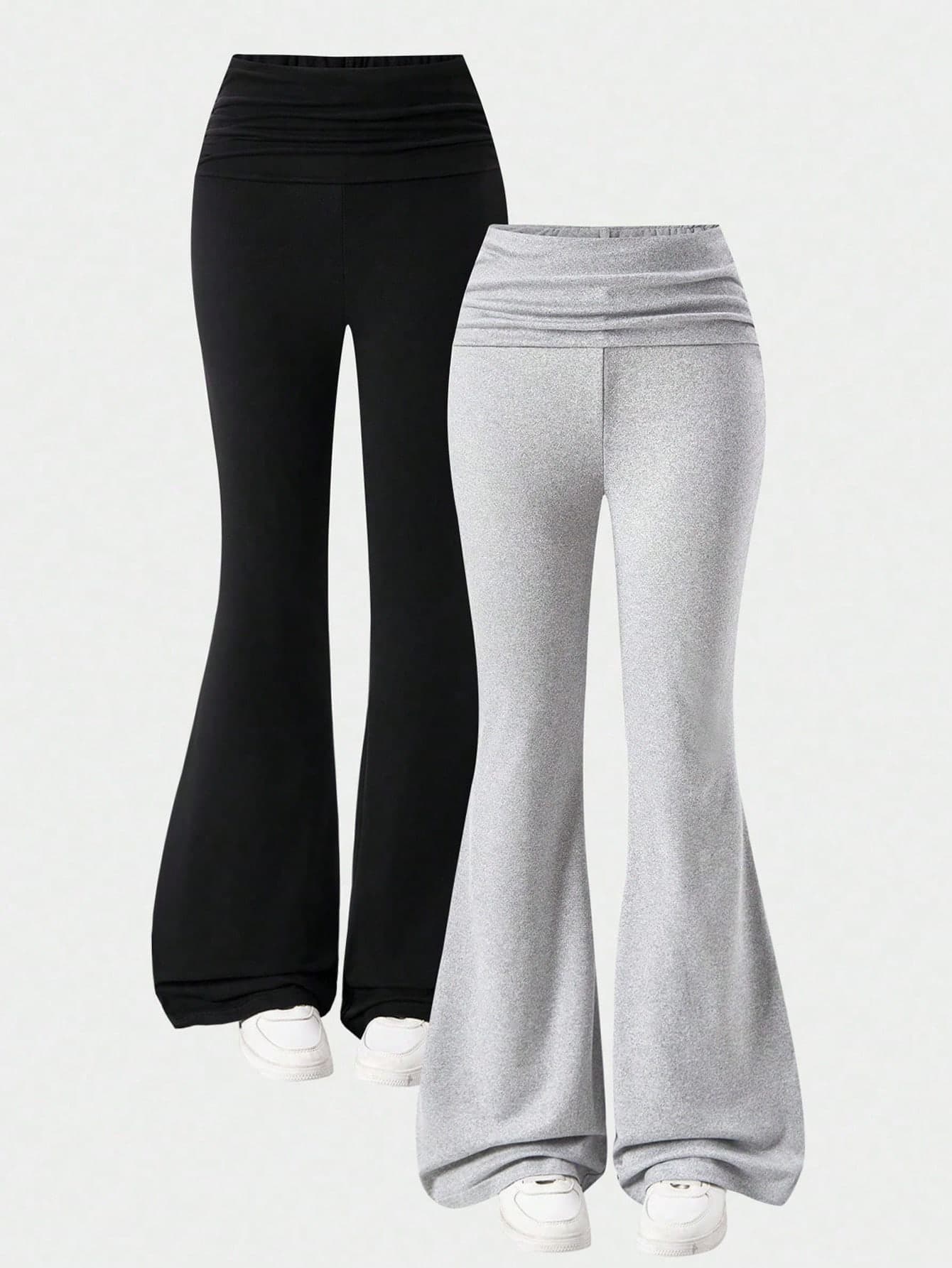 SHEIN Girlism Teen Girl/Teen Girls 2-Piece Set: Ruched Waist Flare Pants In Black & Gray, Buy 1 Get 1 Free