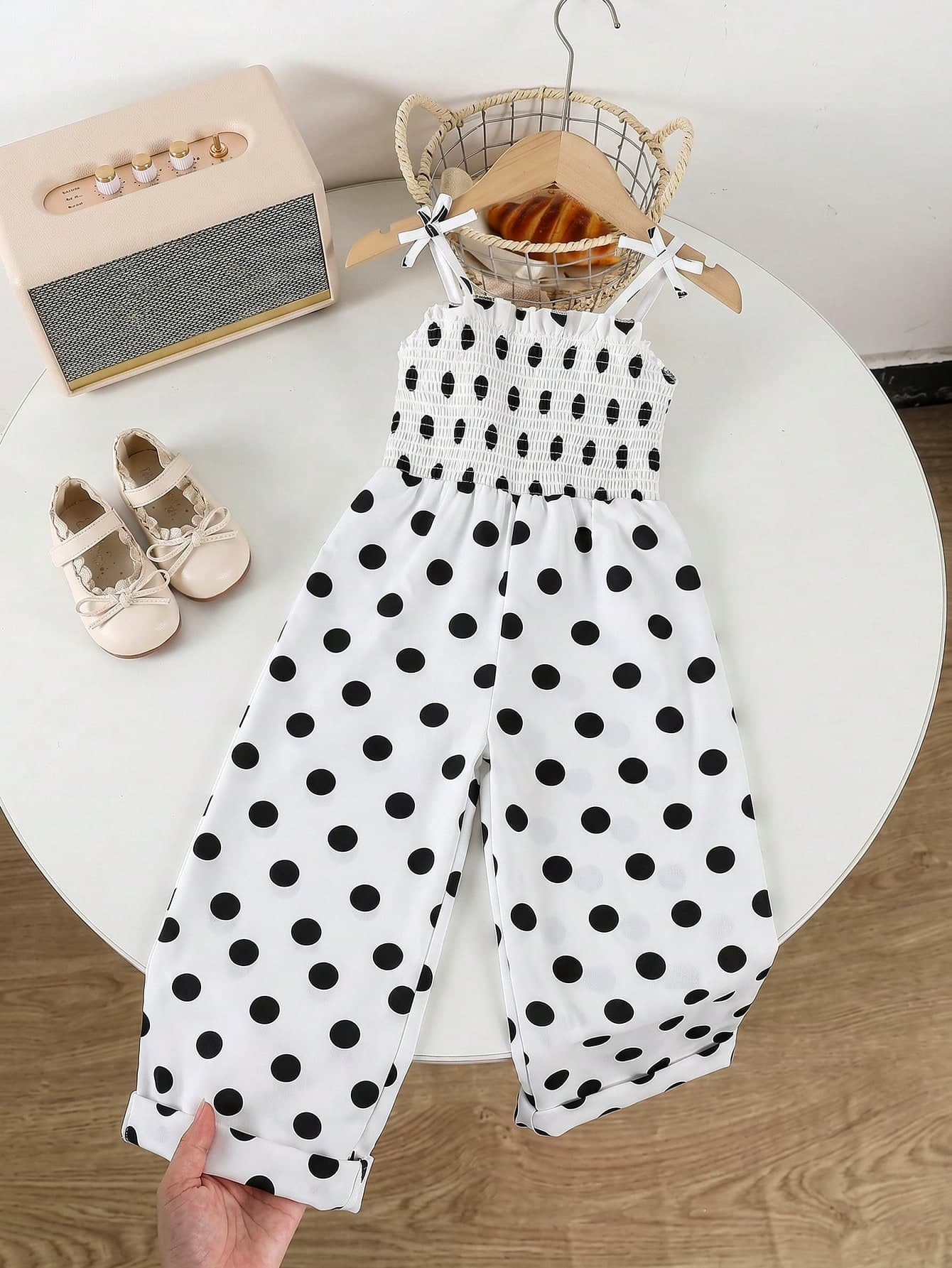 SHEIN Elladie kids Young Girl Vintage Bohemian Textured Comfortable Fabric Draped Spaghetti Strap Gathered Wide Leg Jumpsuit, Black And White Totem Print, Simple Elegant Flowy And Graceful, Suitable For Spring, Summer, Parties, Outings And Vacations