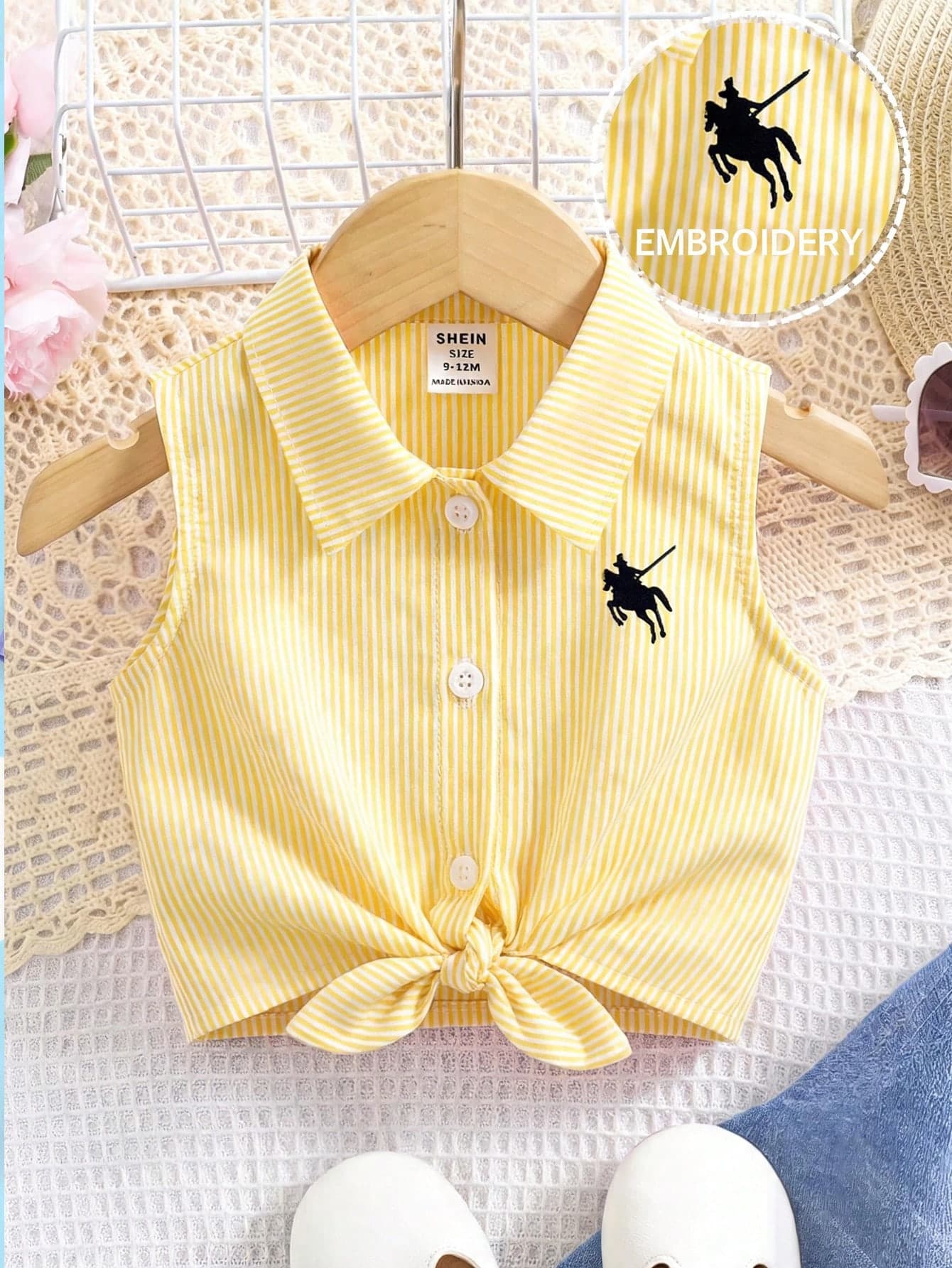 SHEIN Kids Young Girl 1pc Turndown Collar Cropped Casual Shirt Button-Up Striped Shirt With Embroidered Front Graphic, Casual Top For Autumn Fall Summer