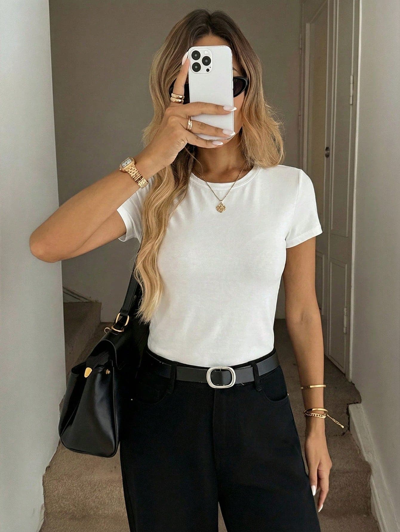Easowa Crew Neck All-Match Solid White Fitted Short Sleeve T-Shirt, Suitable For Spring/Summer,Summer Top