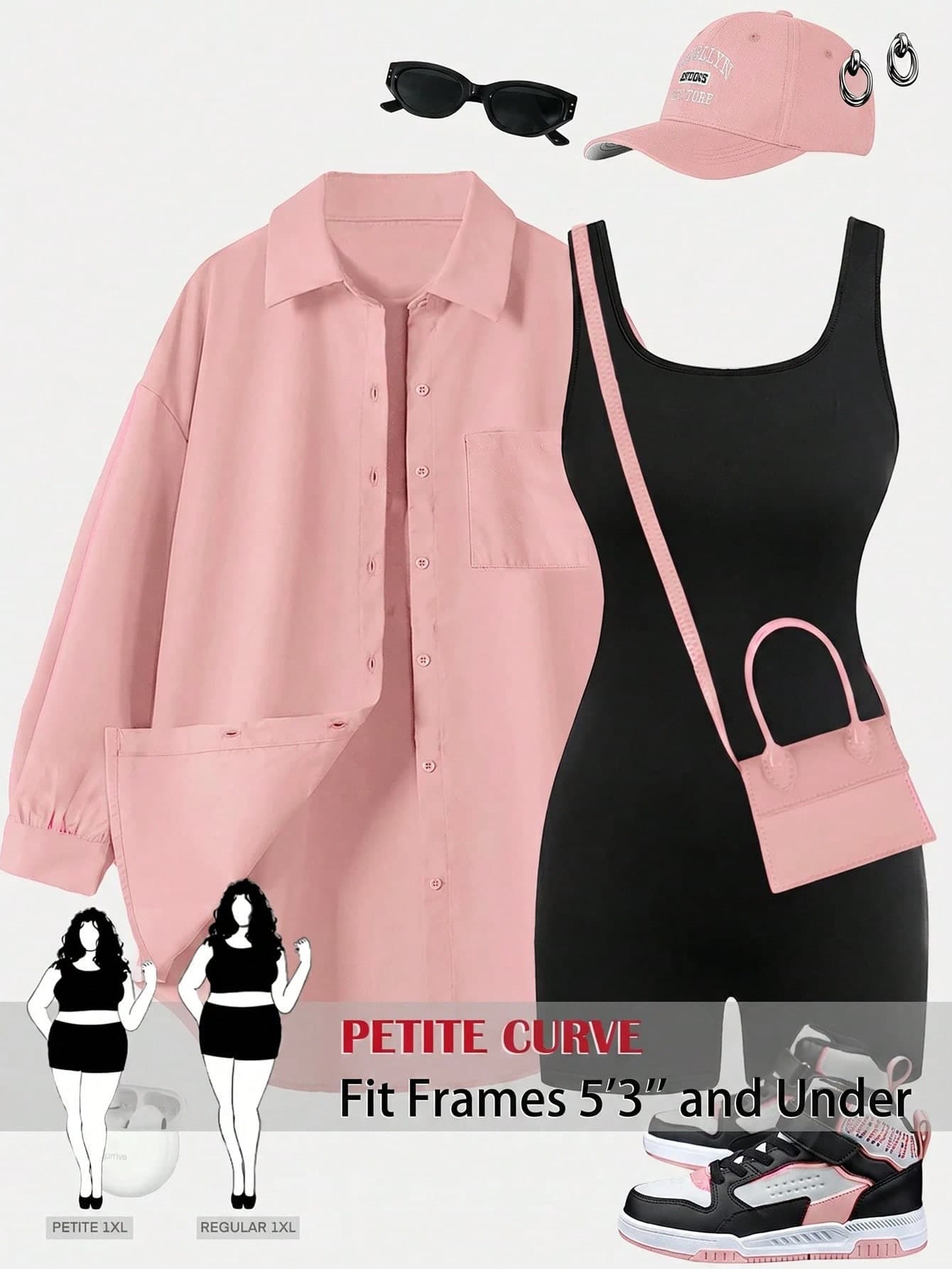 SHEIN PETITE CURVE Plus Size Women 2-Piece Set: Solid Color Single-Breasted Long Sleeve Cardigan And Romper, Casual Everyday Wear