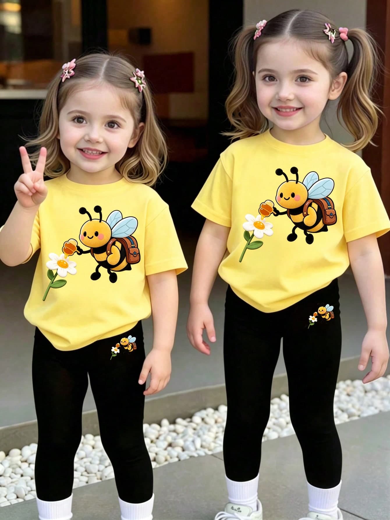 SHEIN Baby Girls 2pcs/Set Casual Fashion Versatile Spring Summer Infant Toddler Girl T-Shirt Set, Cute Sweet Lemon Yellow Top With Cartoon Little Bee And Flower Pattern, Loose Round Neck Short Sleeve T-Shirt And Black Leggings 2pcs Set, Spring Summer Clothing Set, Outing Casual Wear Back To School Party